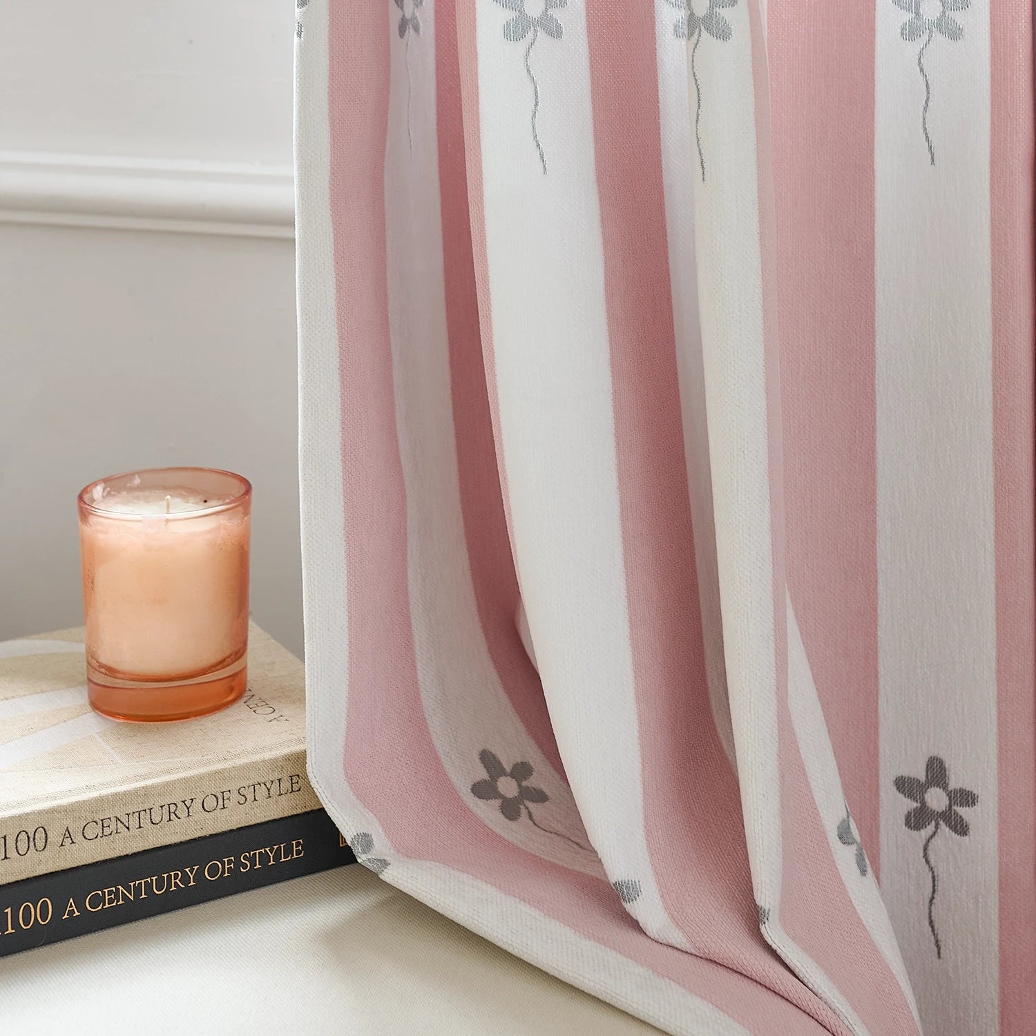 Vianna Pink & White Stripe Floral Print Chenille Curtains