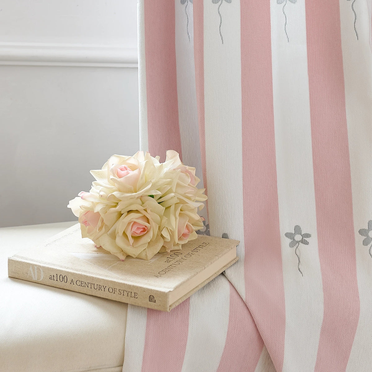 Vianna Pink & White Stripe Floral Print Chenille Curtains