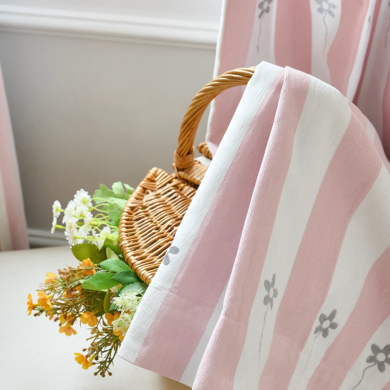 Vianna Pink & White Stripe Floral Print Chenille Curtains