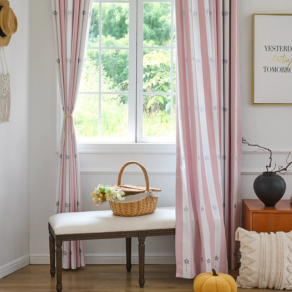 Vianna Pink & White Stripe Floral Print Chenille Curtains