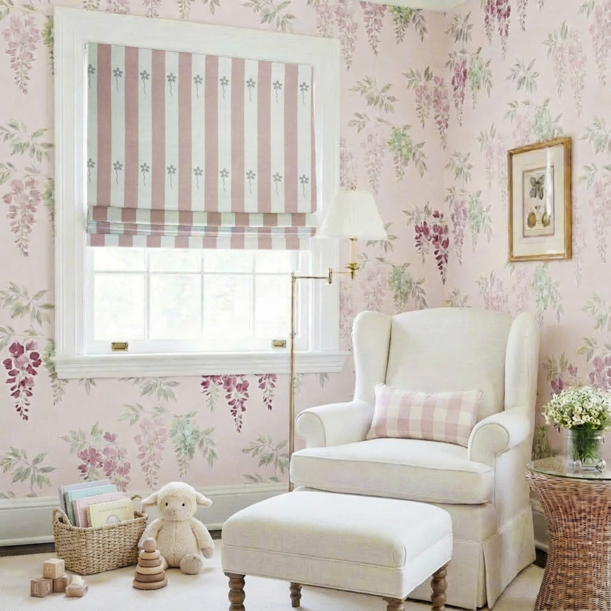 Vianna Pink & White Stripe Floral Print Chenille Roman Shades: Image 802_scene_1 showcases the roman shade with sweet pink & white stripe floral print, soft chenille fabric and elegant home scene display.