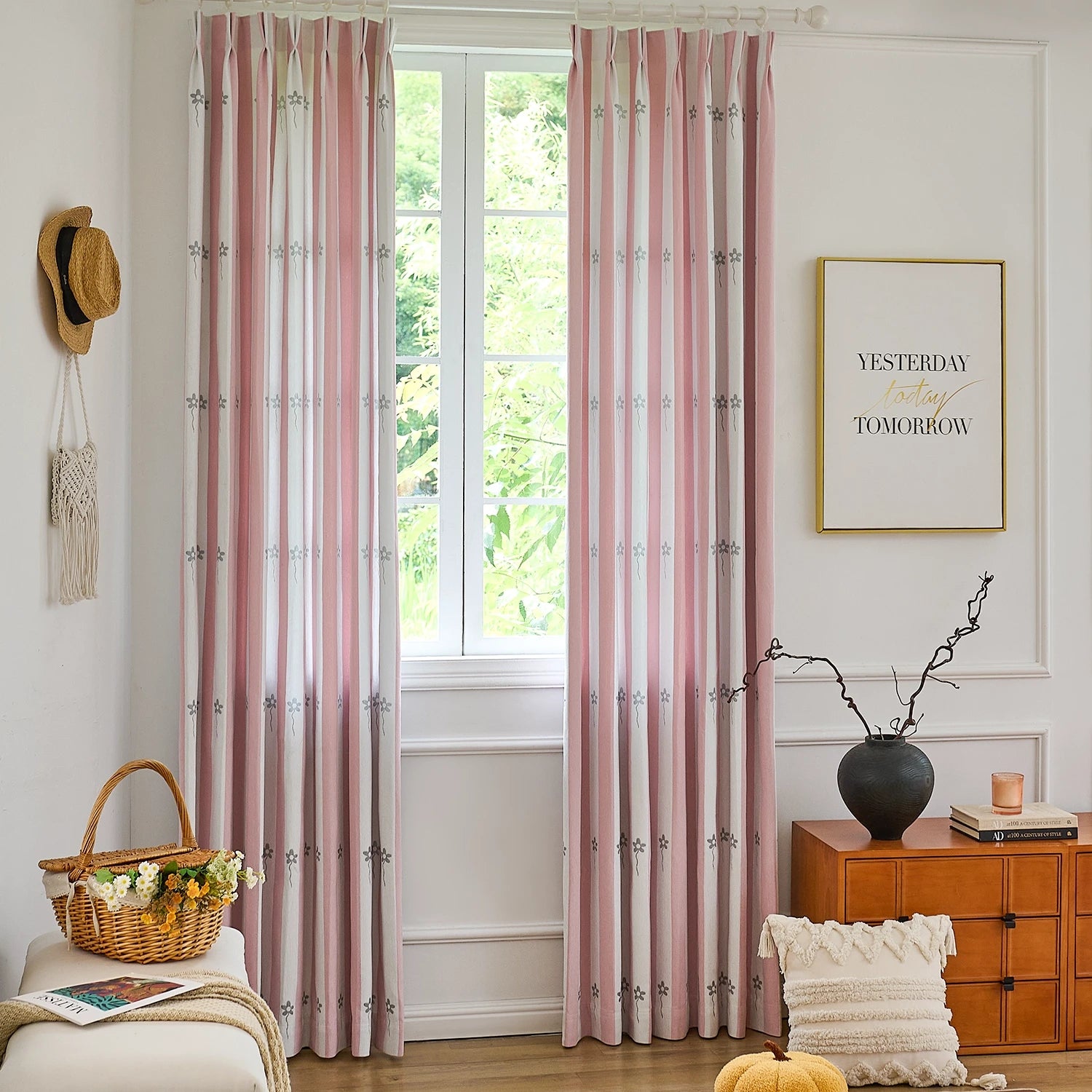 Vianna Pink & White Stripe Floral Print Chenille Curtains