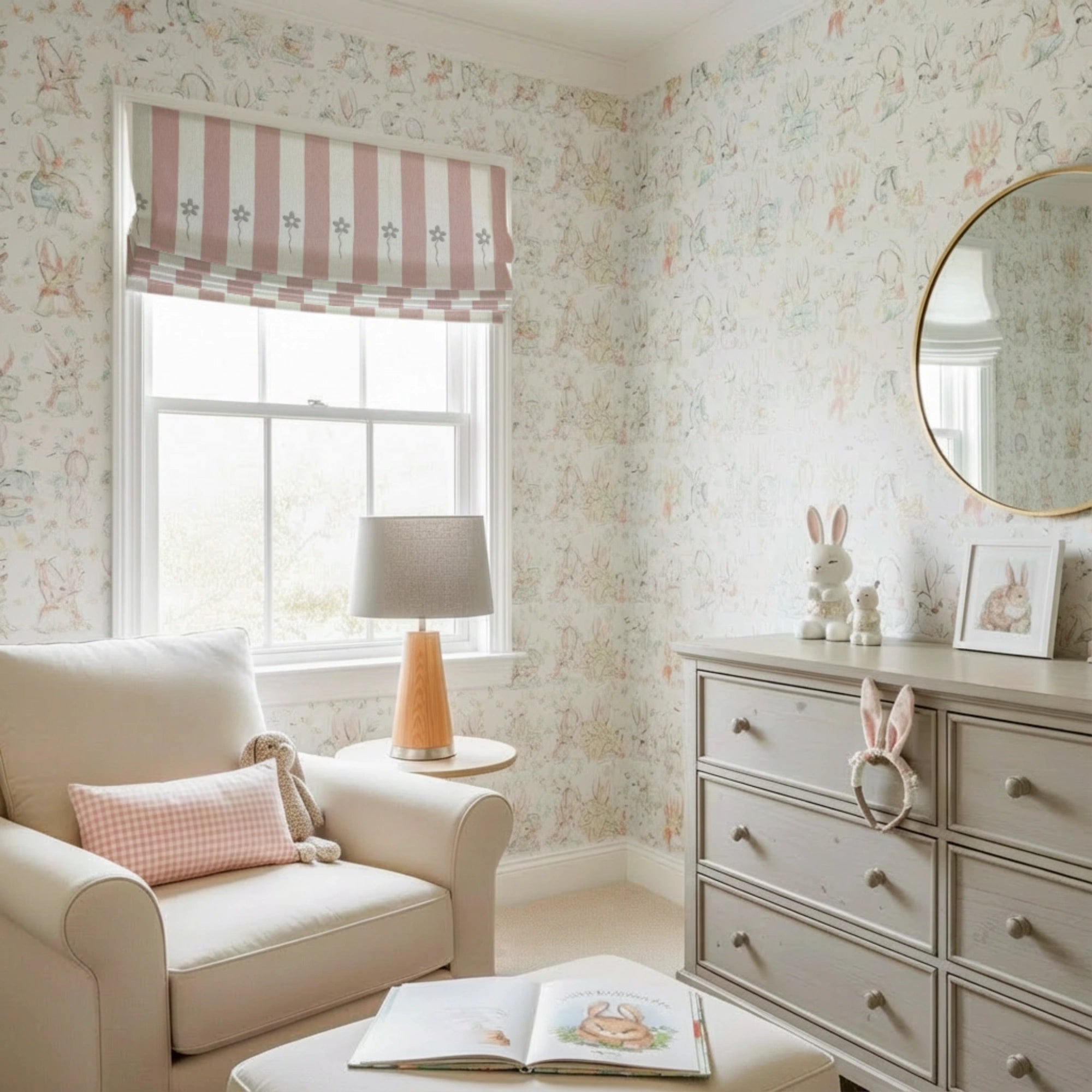 Vianna Pink & White Stripe Floral Print Chenille Roman Shades: Image 802_scene_2 showcases the roman shade with fresh pink & white stripe floral patterns, premium soft chenille material and stylish home scene coordination.