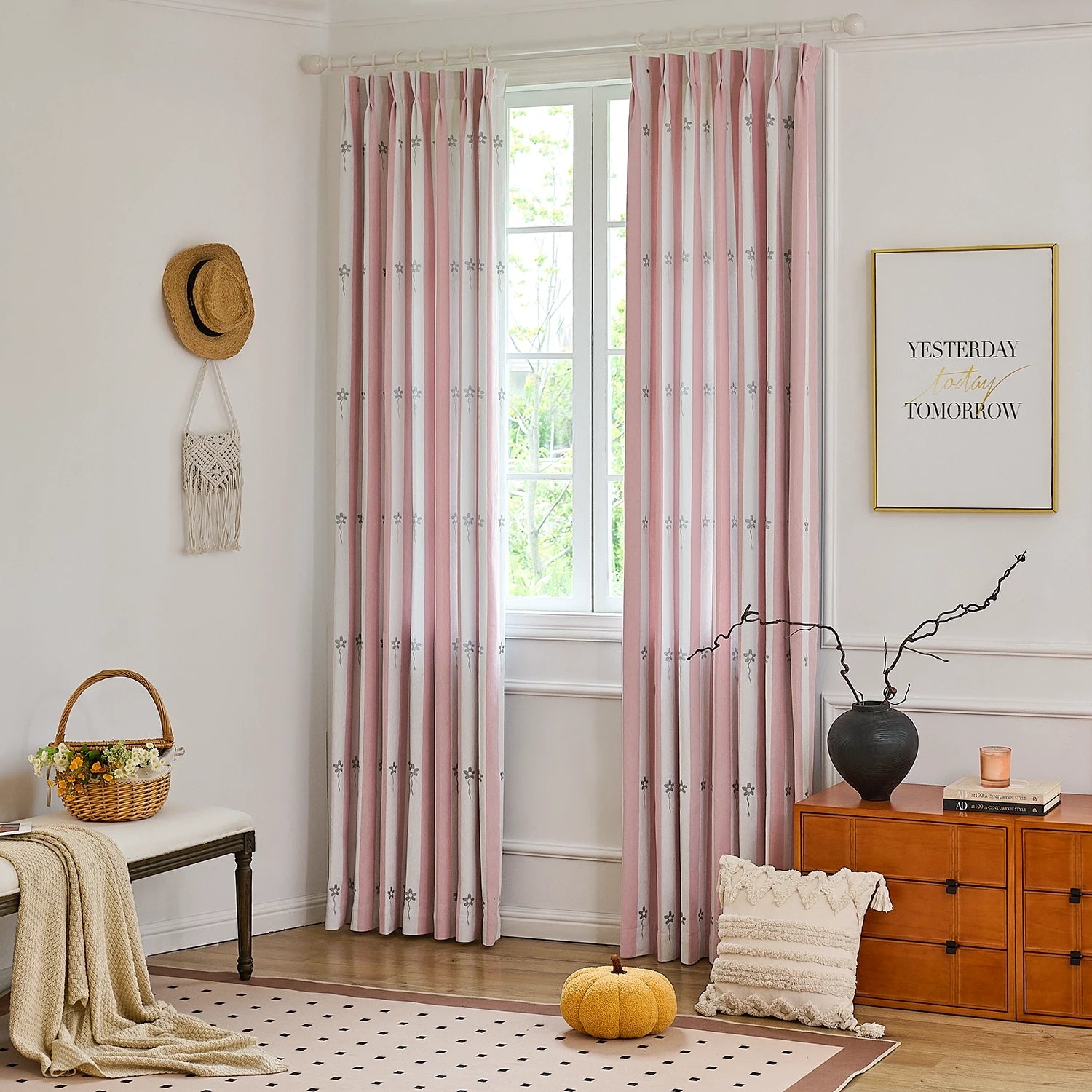 Vianna Pink & White Stripe Floral Print Chenille Curtains