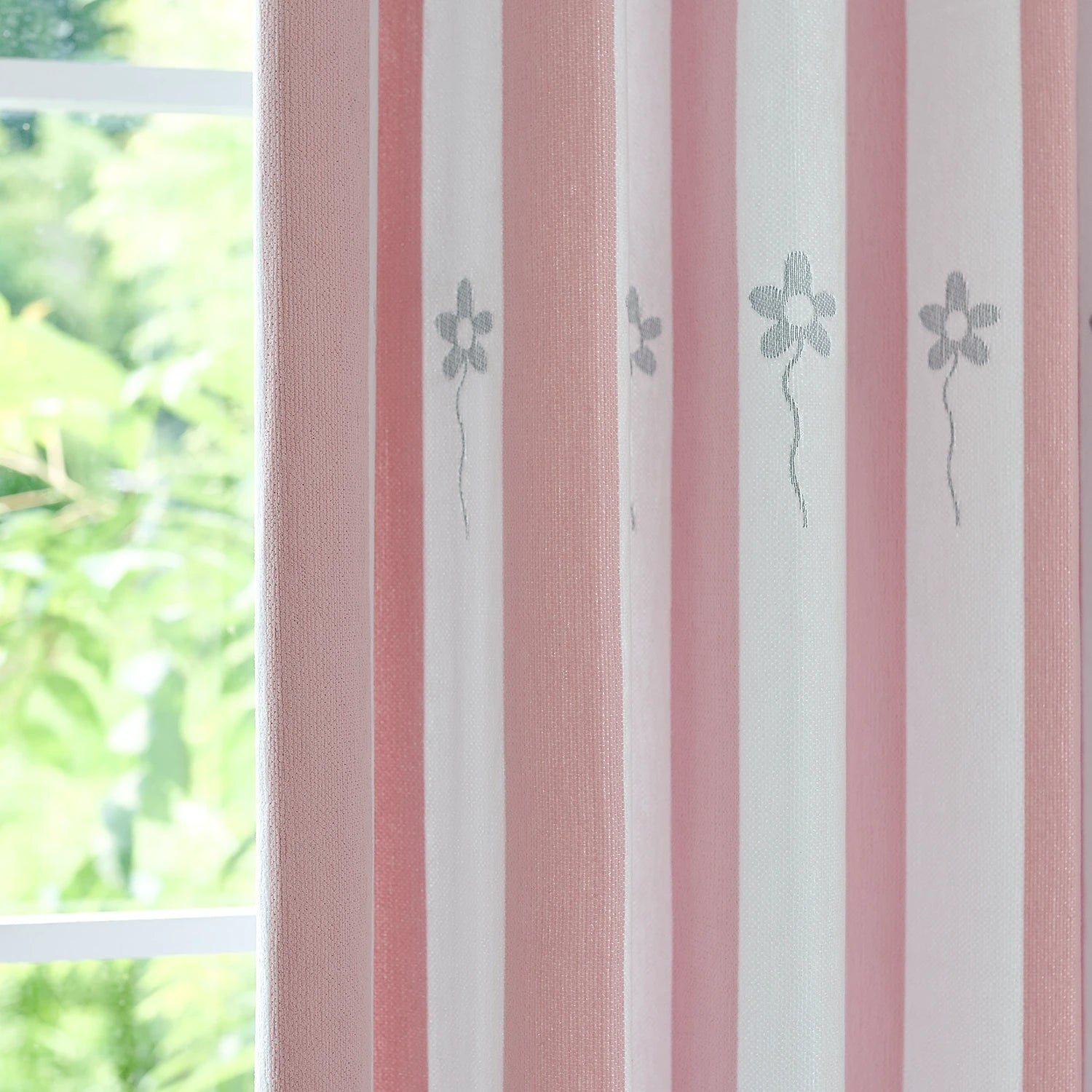 Vianna Pink & White Stripe Floral Print Chenille Curtains