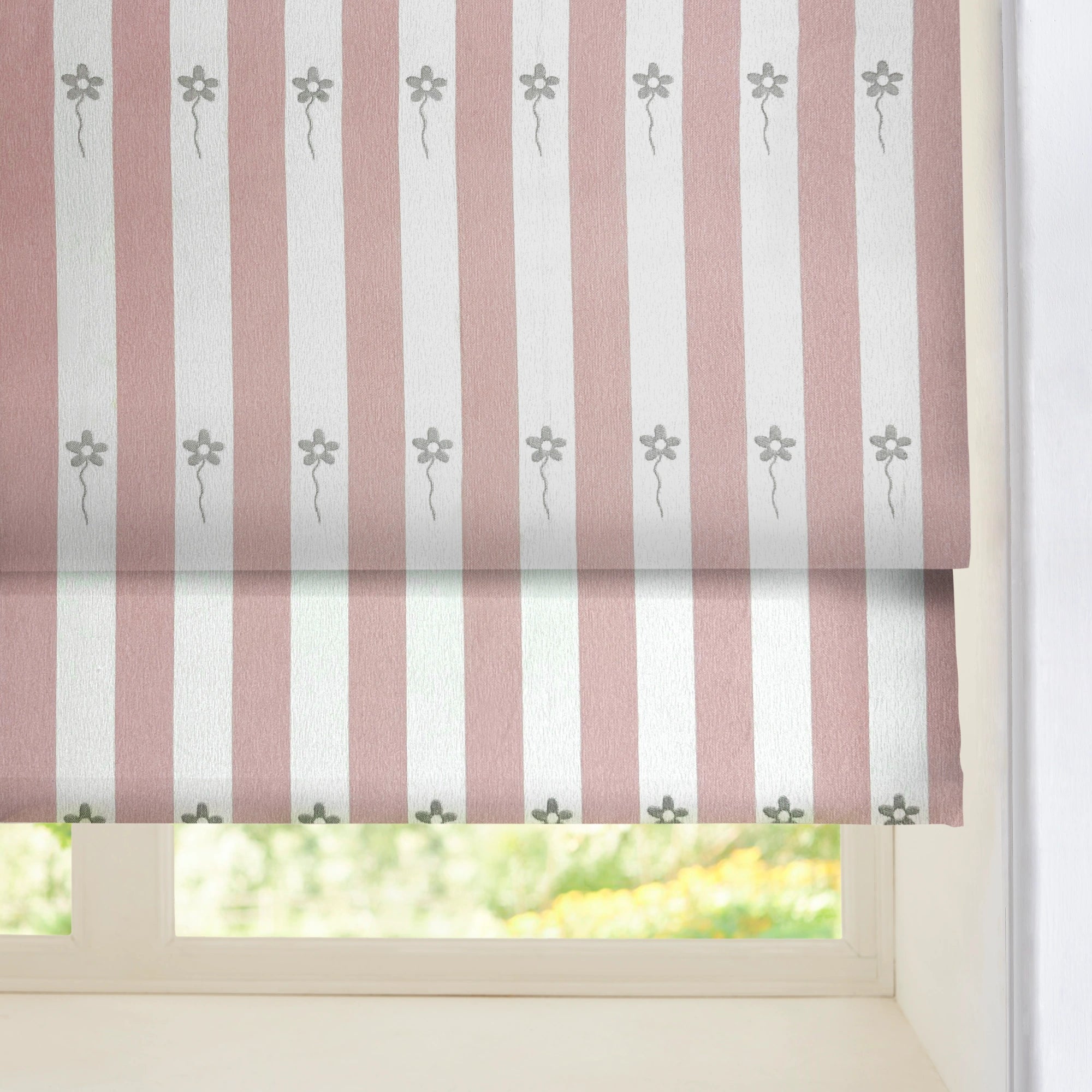 Vianna Pink & White Stripe Floral Print Chenille Roman Shades: Image 802_scene_4 showcases the roman shade with fresh pink & white stripe floral patterns, premium soft chenille material and stylish home scene coordination.