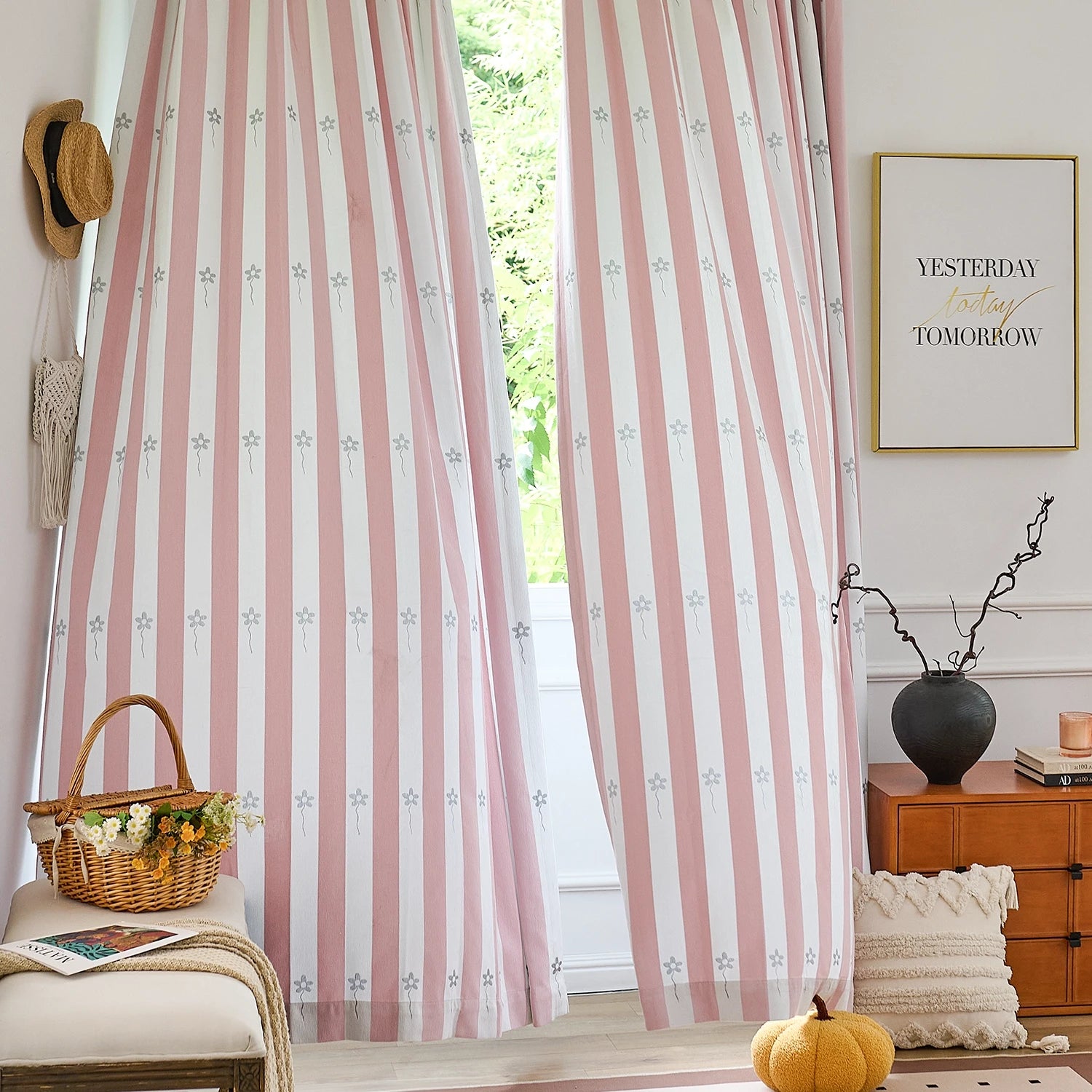 Vianna Pink & White Stripe Floral Print Chenille Curtains
