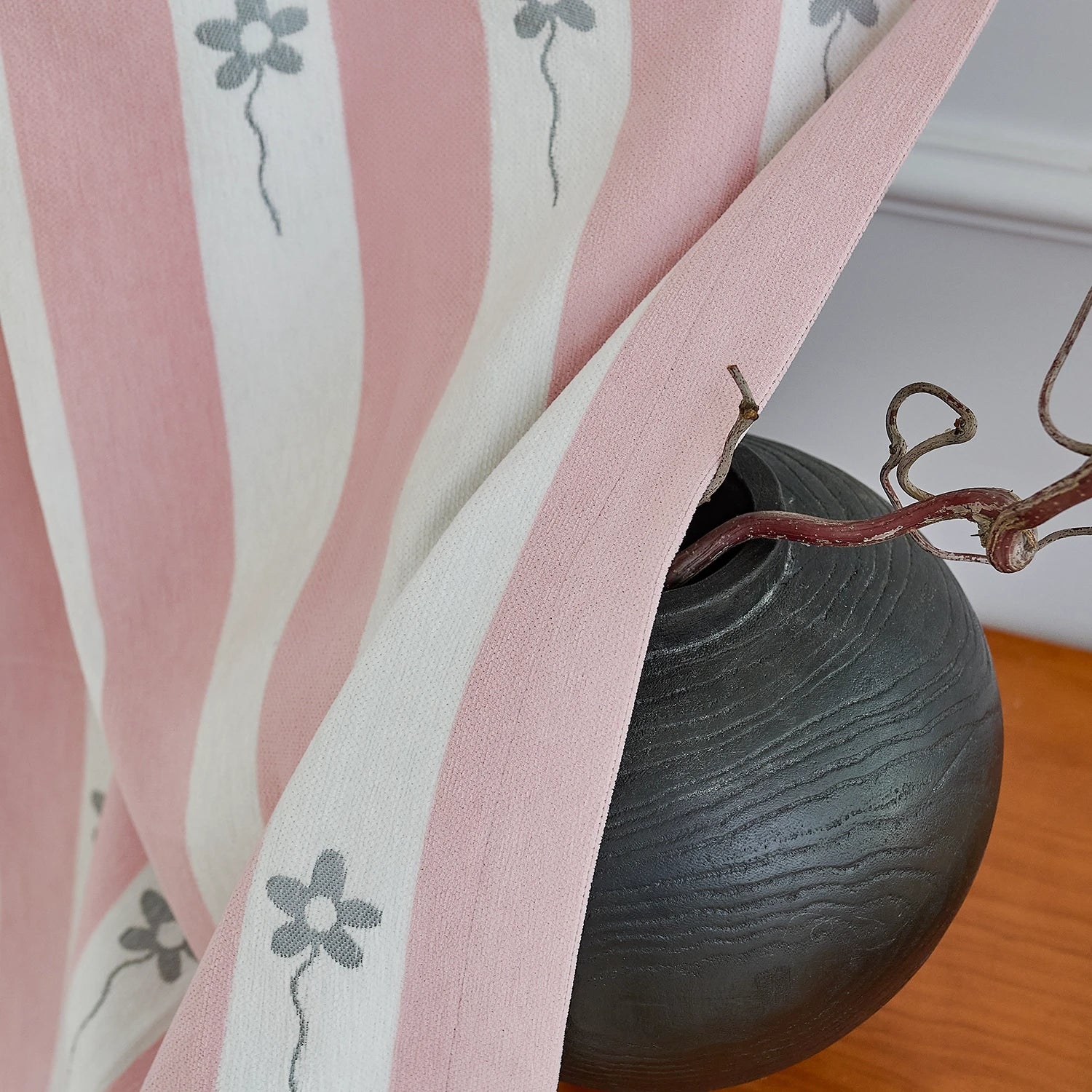 Vianna Pink & White Stripe Floral Print Chenille Curtains