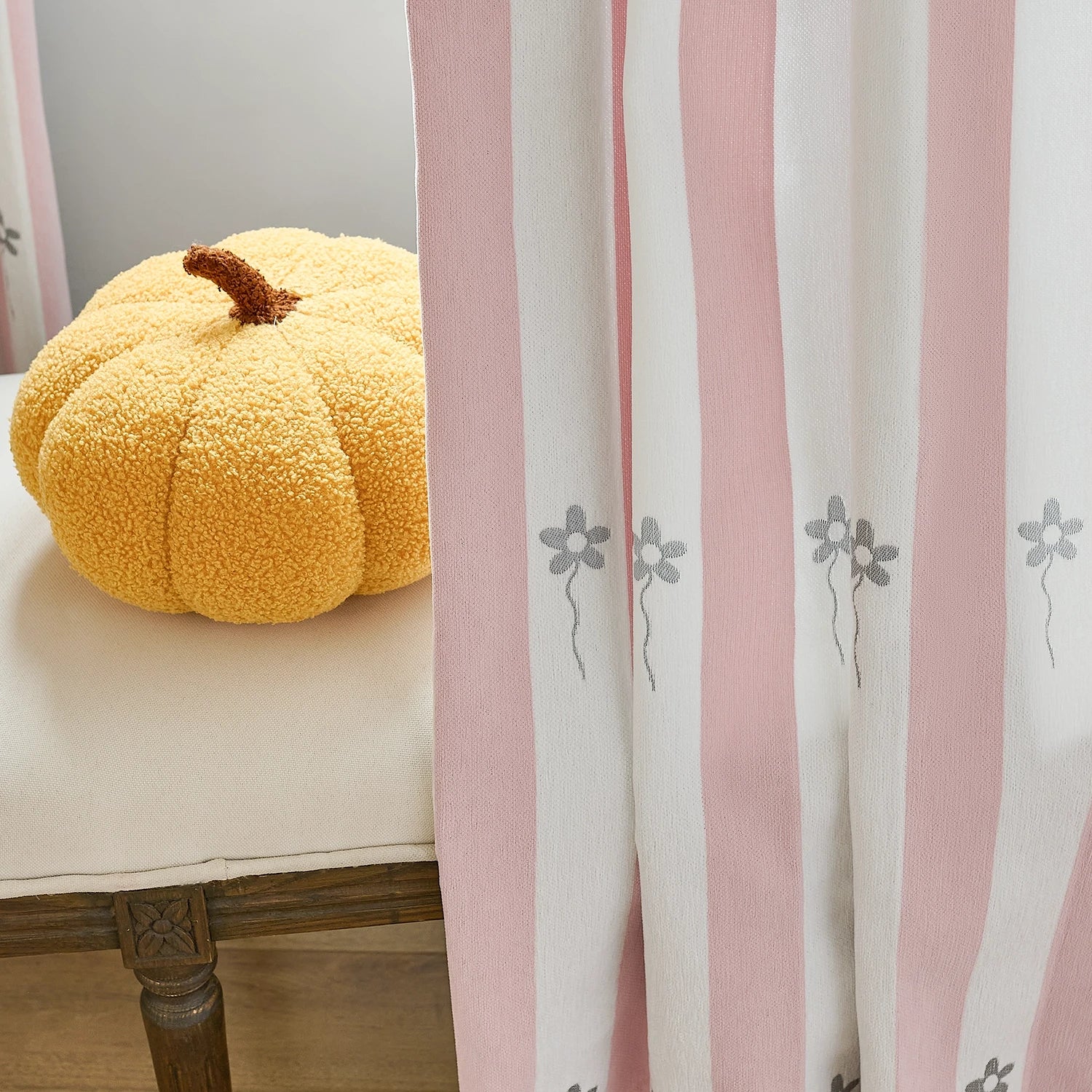 Vianna Pink & White Stripe Floral Print Chenille Curtains