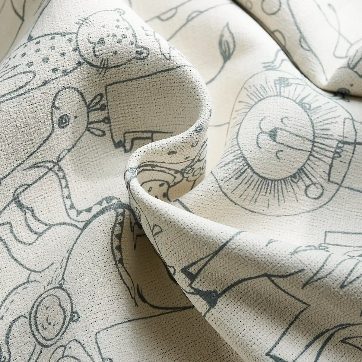 Wynara Black Safari Animal Sketch Blackout Roman Shades: Image detail_3 highlights the intricate safari animal sketch details, premium blackout fabric and exquisite craftsmanship of the roman shade.