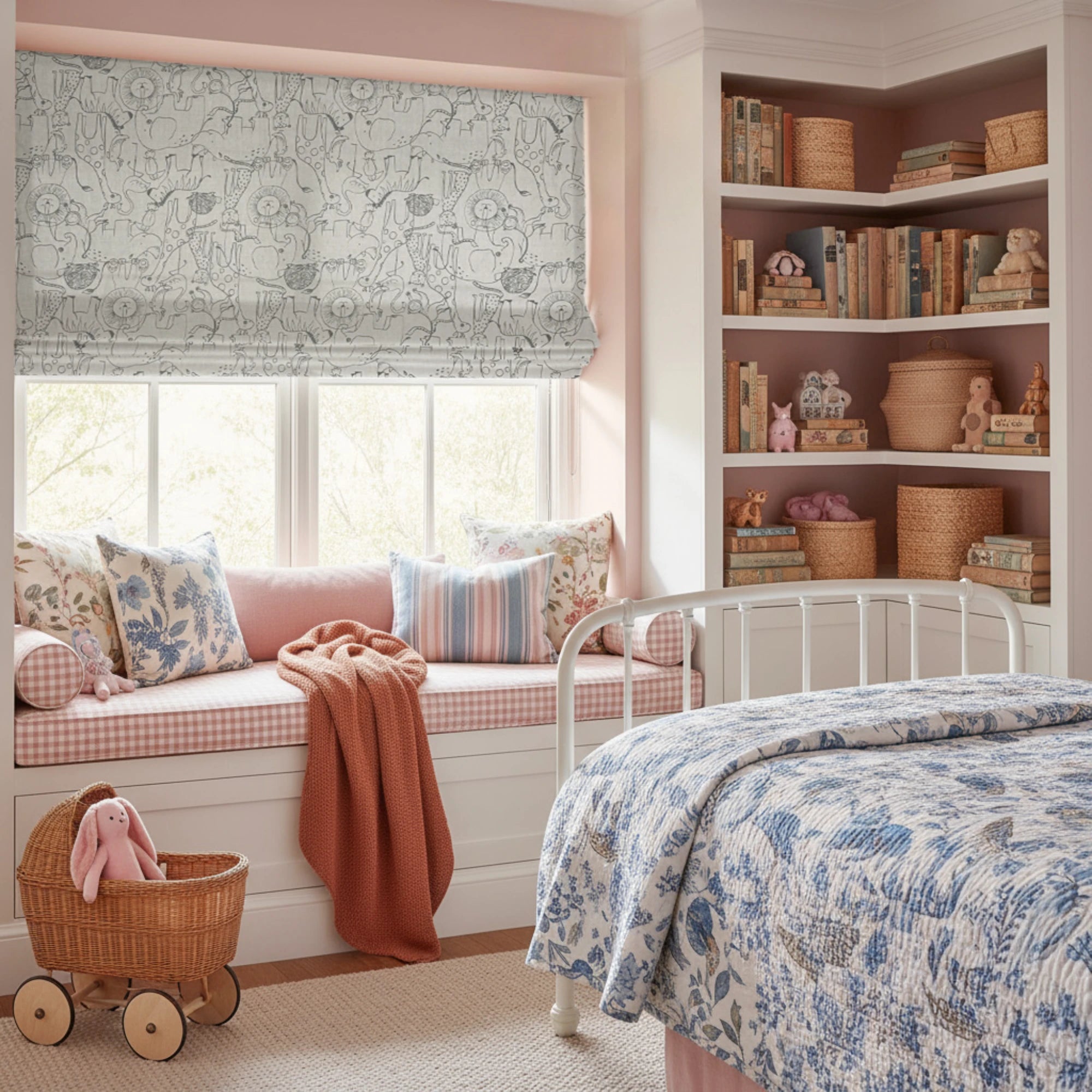 Wynara Black Safari Animal Sketch Blackout Roman Shades: Image 1388-16_scene_2 showcases the roman shade with unique safari animal sketch patterns, premium blackout fabric and stylish home scene display.