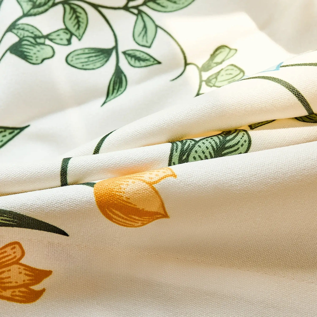 Zaelis Ivory Garden Bloom Floral Print Linen Textured Roman Shades: Image 1014-1-1_detail_2 highlights the intricate ivory garden bloom floral print details, soft linen textured fabric and refined craftsmanship of the roman shade.