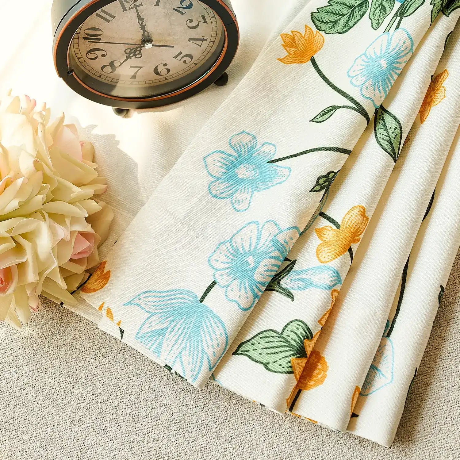 Zaelis Ivory Garden Bloom Floral Print Linen Textured Curtains