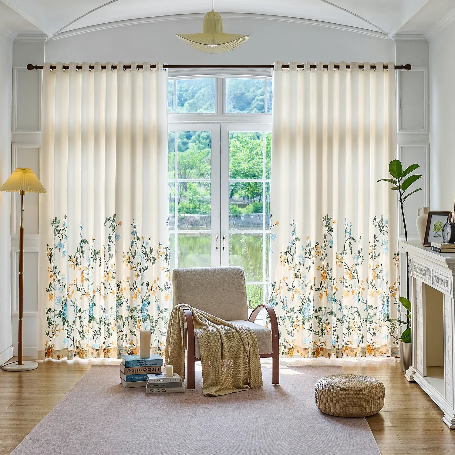 Zaelis Ivory Garden Bloom Floral Print Linen Textured Curtains