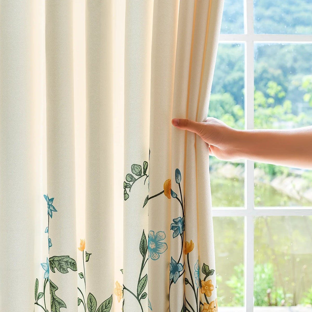 Zaelis Ivory Garden Bloom Floral Print Linen Textured Curtains