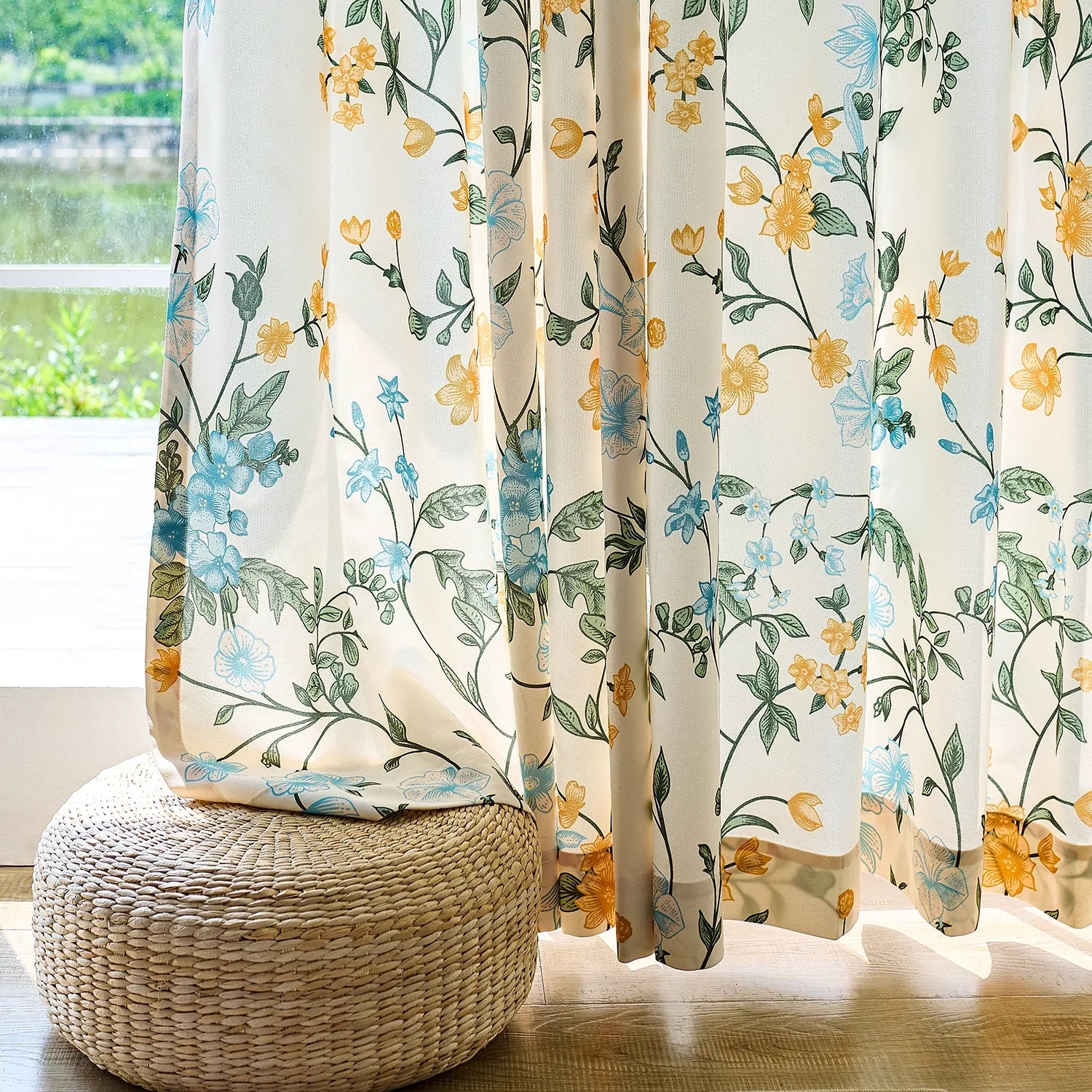 Zaelis Ivory Garden Bloom Floral Print Linen Textured Curtains