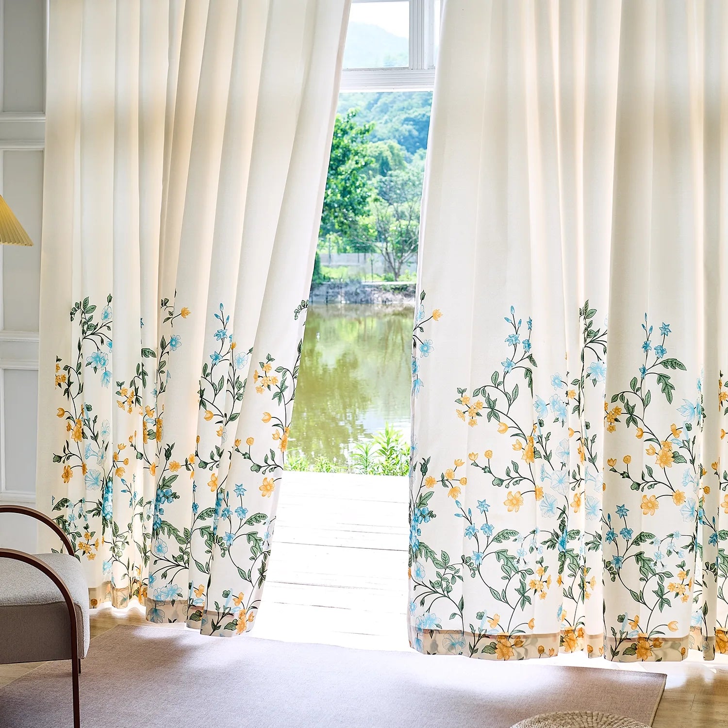 Zaelis Ivory Garden Bloom Floral Print Linen Textured Curtains