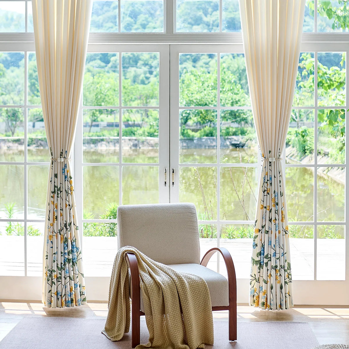 Zaelis Ivory Garden Bloom Floral Print Linen Textured Curtains