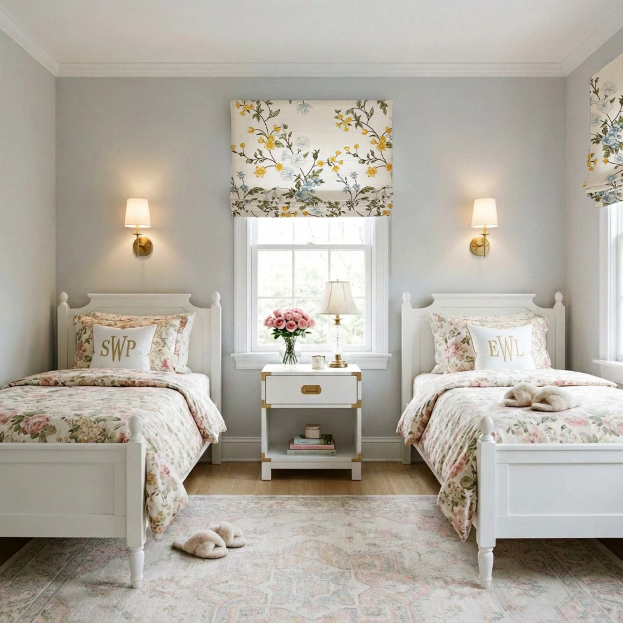 Zaelis Ivory Garden Bloom Floral Print Linen Textured Roman Shades: Image 1014-1-1_scene_1 showcases the roman shade with elegant ivory garden bloom floral print, natural linen textured fabric and stylish home scene display.