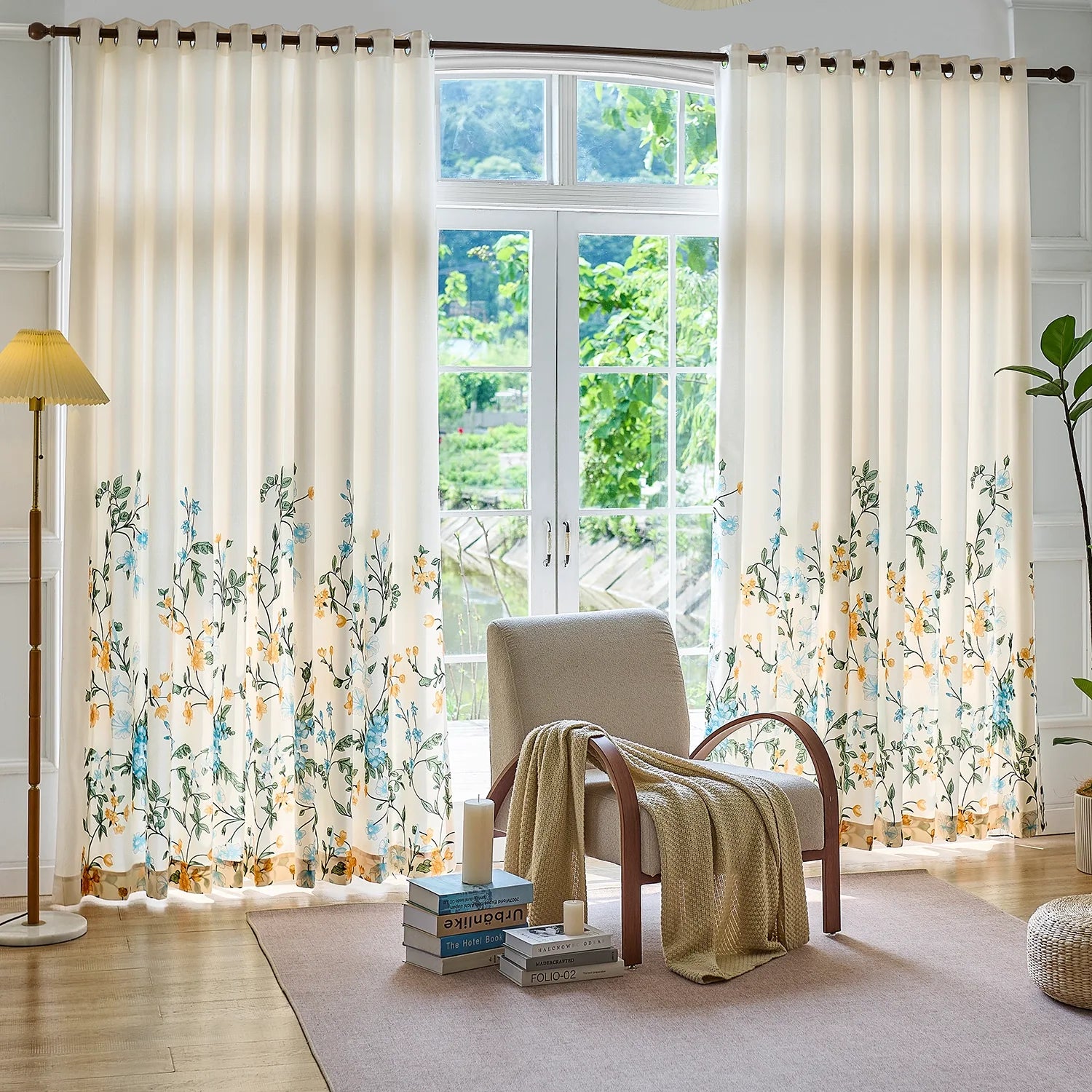 Zaelis Ivory Garden Bloom Floral Print Linen Textured Curtains