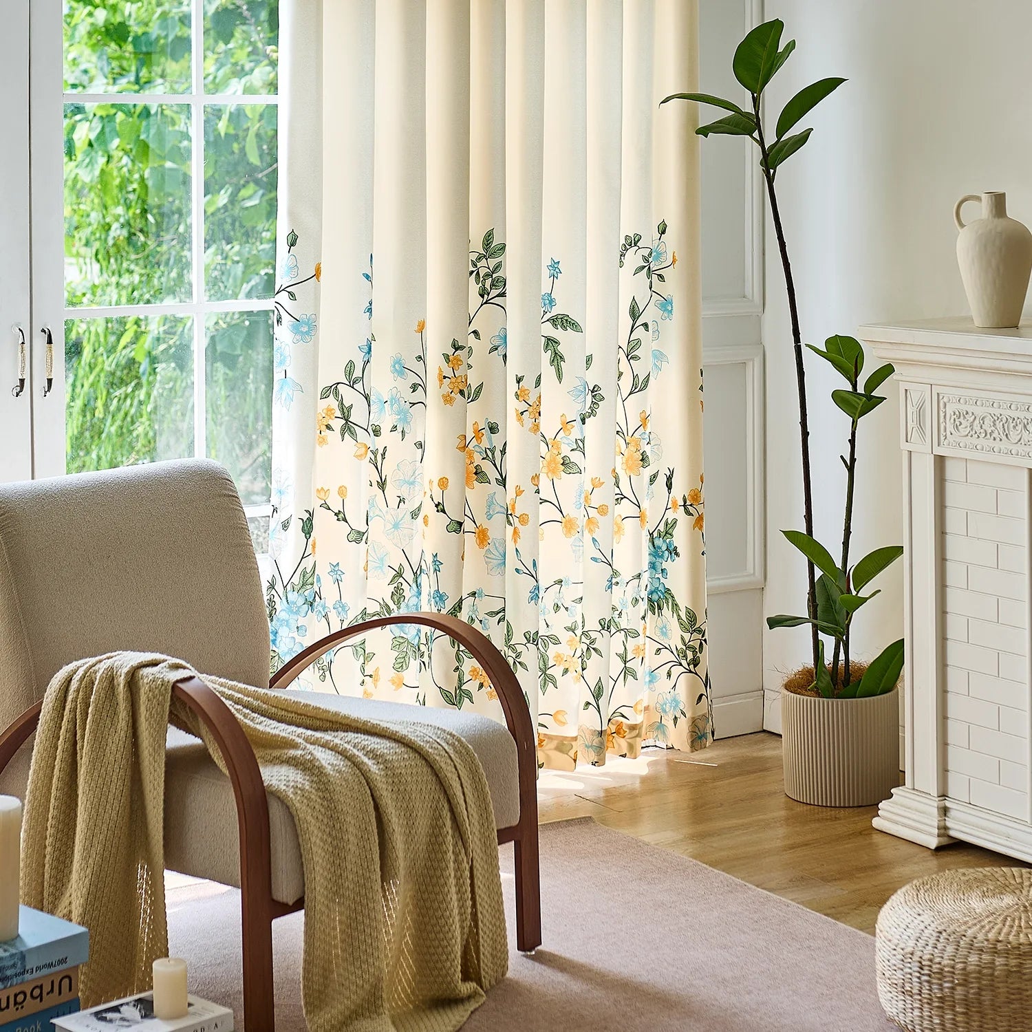 Zaelis Ivory Garden Bloom Floral Print Linen Textured Curtains
