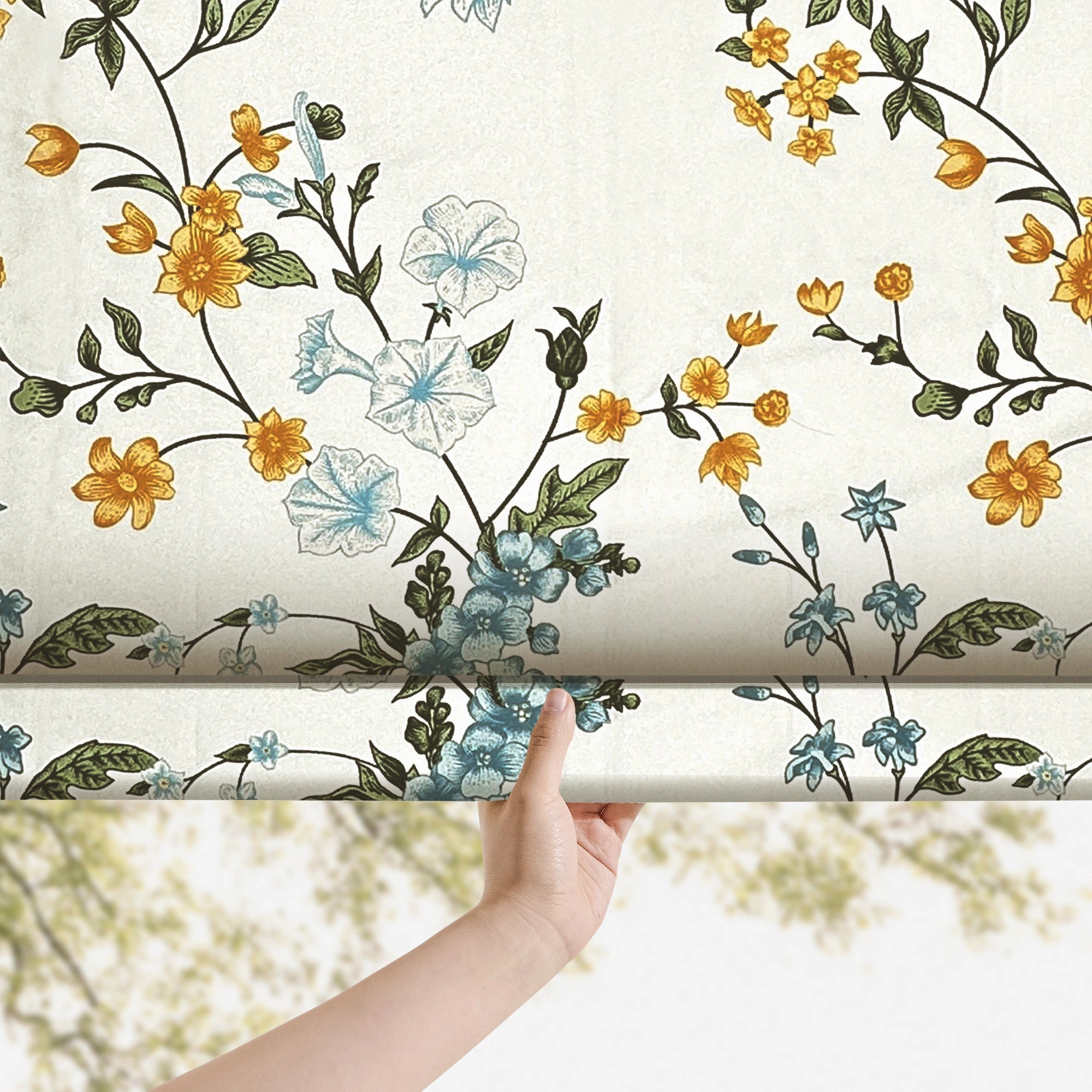 Zaelis Ivory Garden Bloom Floral Print Linen Textured Roman Shades: Image 1014-1-1_scene_3 showcases the roman shade with delicate ivory garden bloom floral patterns, premium linen textured fabric and elegant home scene coordination.