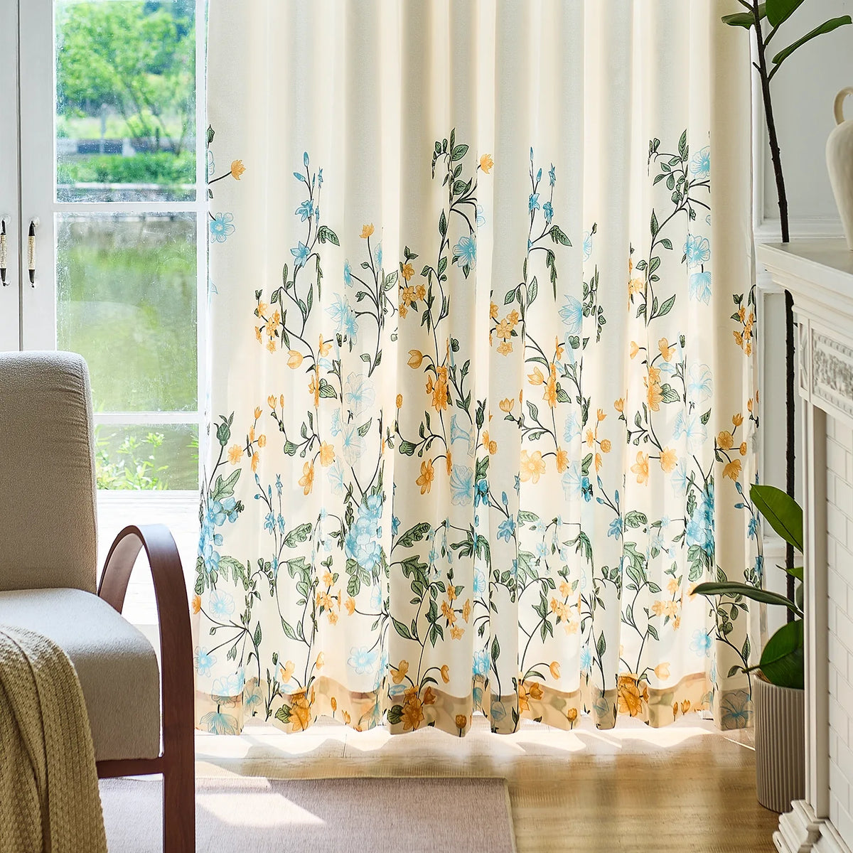 Zaelis Ivory Garden Bloom Floral Print Linen Textured Curtains