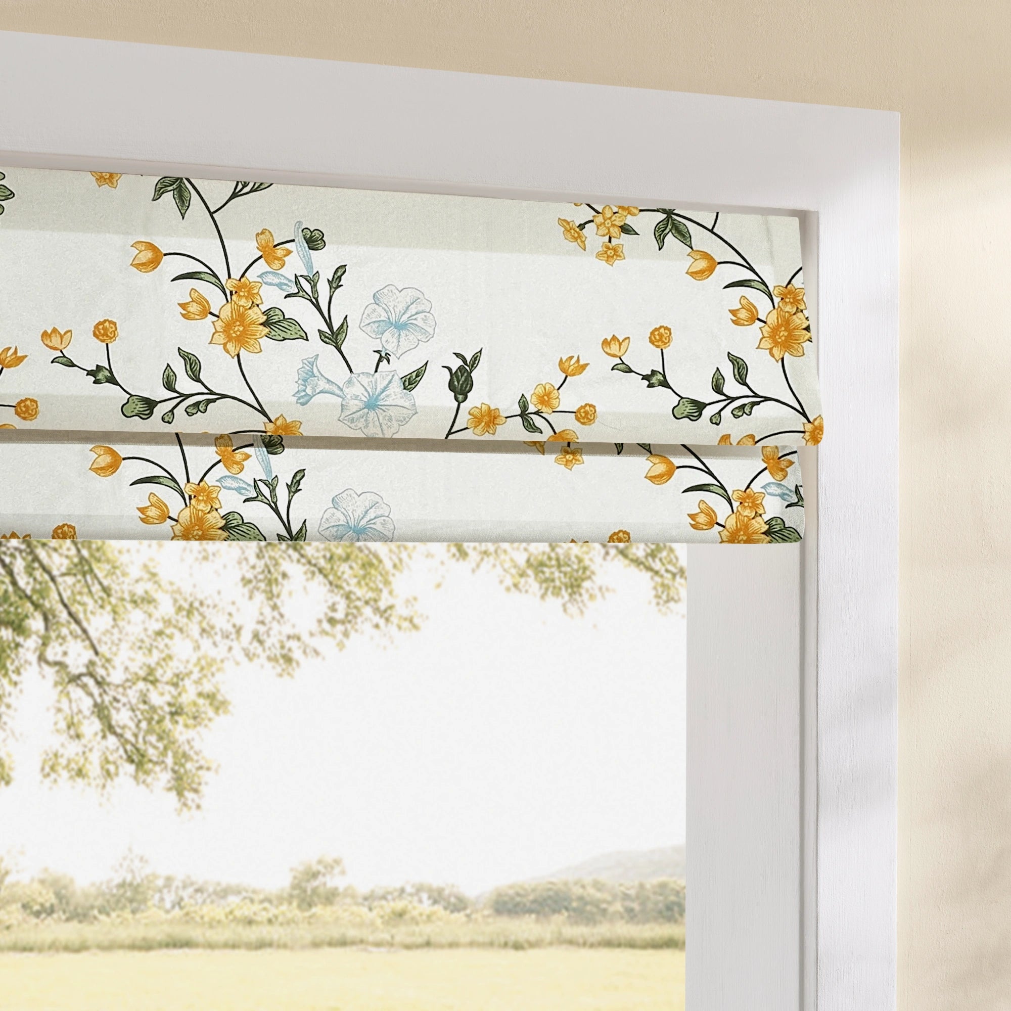 Zaelis Ivory Garden Bloom Floral Print Linen Textured Roman Shades: Image 1014-1-1_scene_4 showcases the roman shade with delicate ivory garden bloom floral patterns, premium linen textured fabric and elegant home scene coordination.