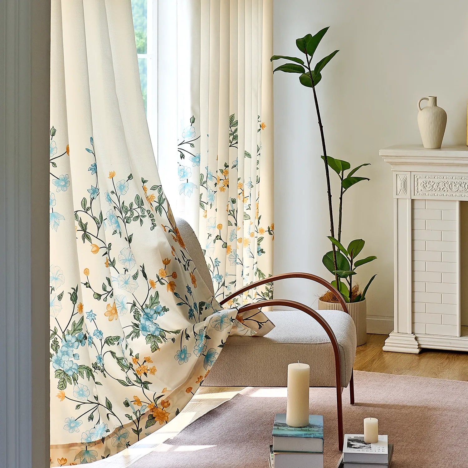 Zaelis Ivory Garden Bloom Floral Print Linen Textured Curtains