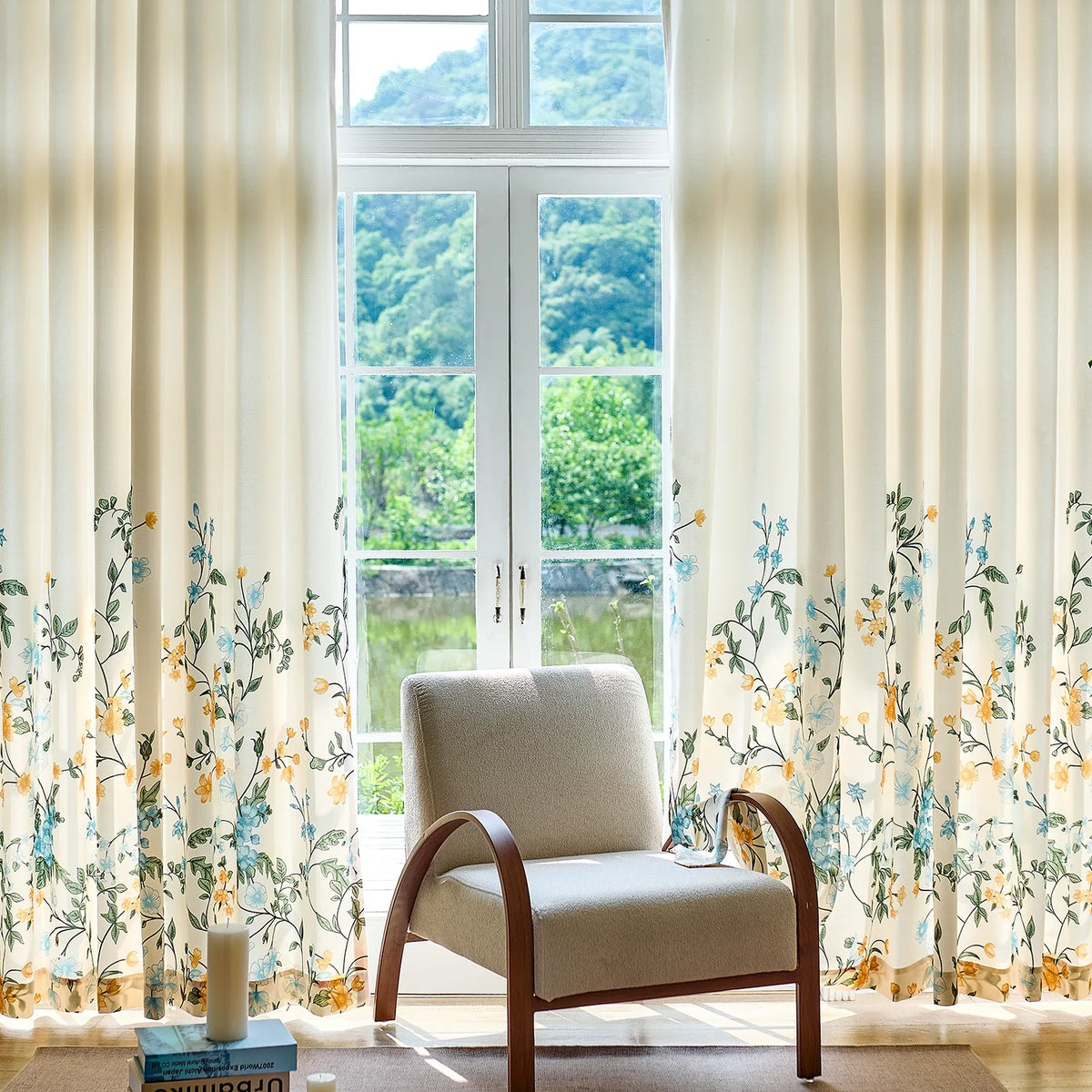 Zaelis Ivory Garden Bloom Floral Print Linen Textured Curtains
