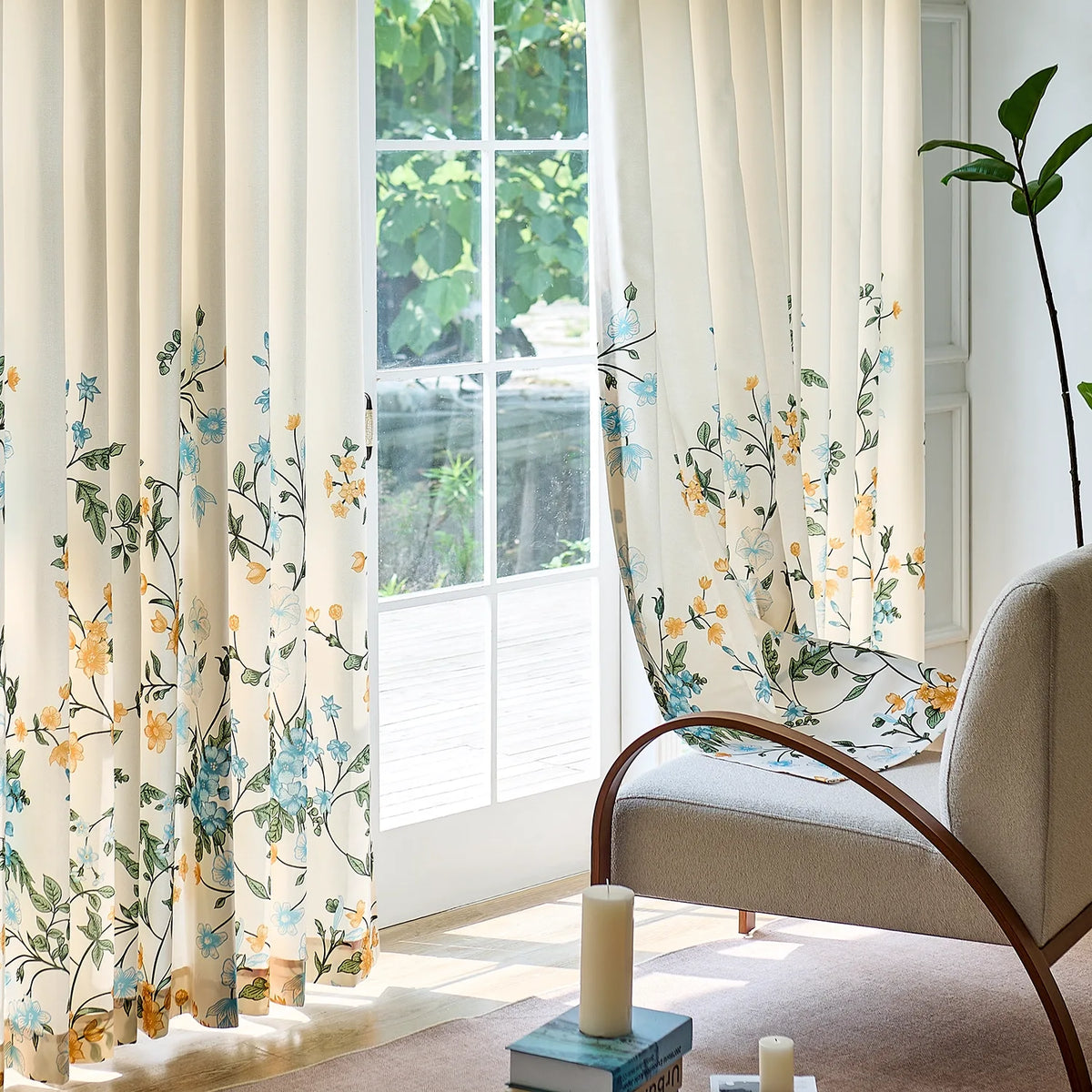 Zaelis Ivory Garden Bloom Floral Print Linen Textured Curtains