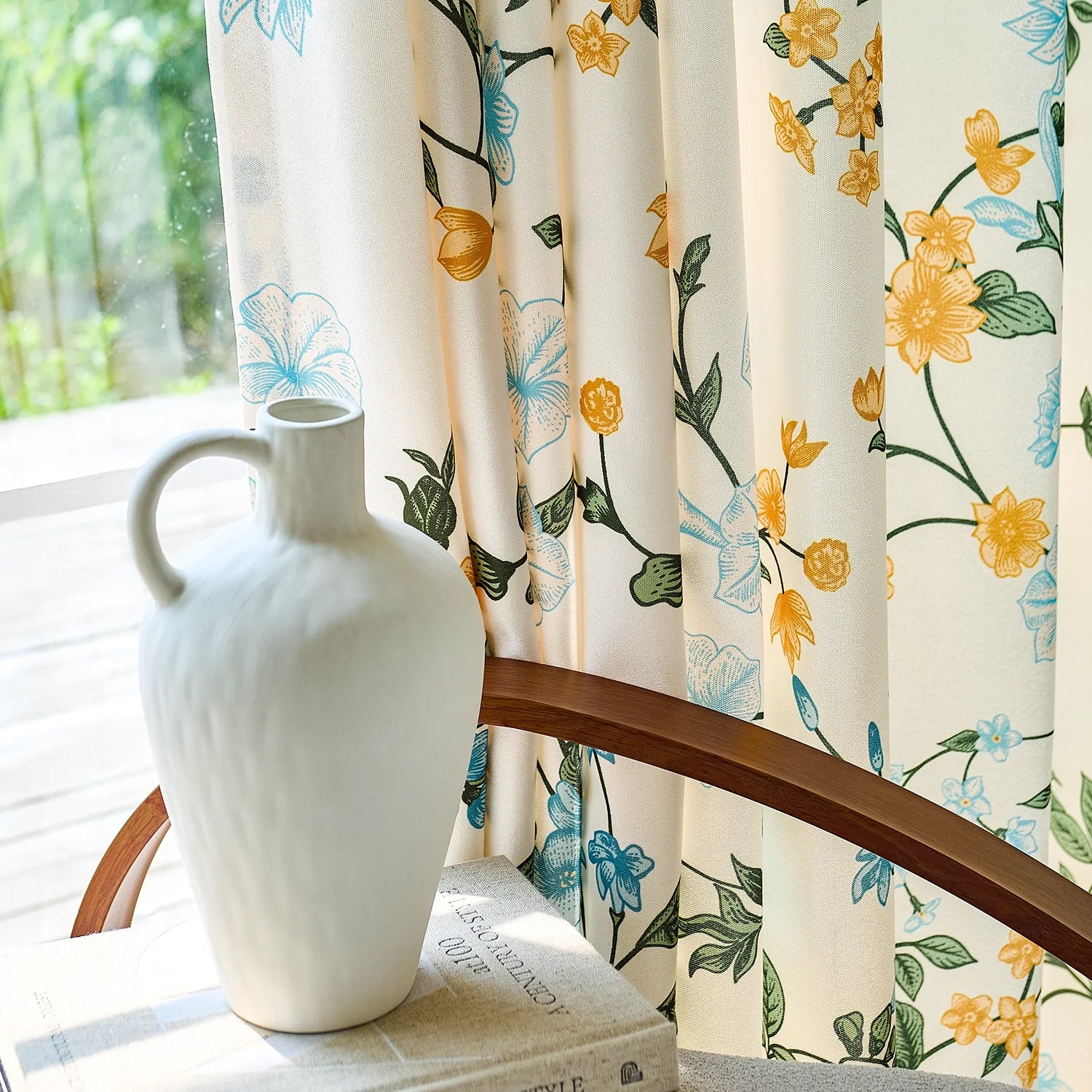 Zaelis Ivory Garden Bloom Floral Print Linen Textured Curtains