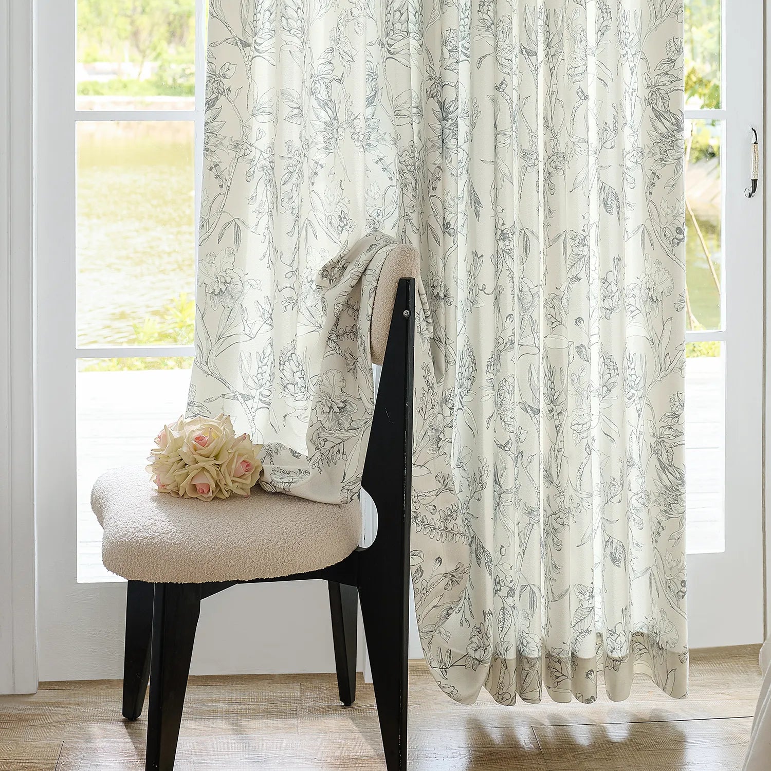 Zoe Cloud Gray Botanical Floral Chenille Drapes