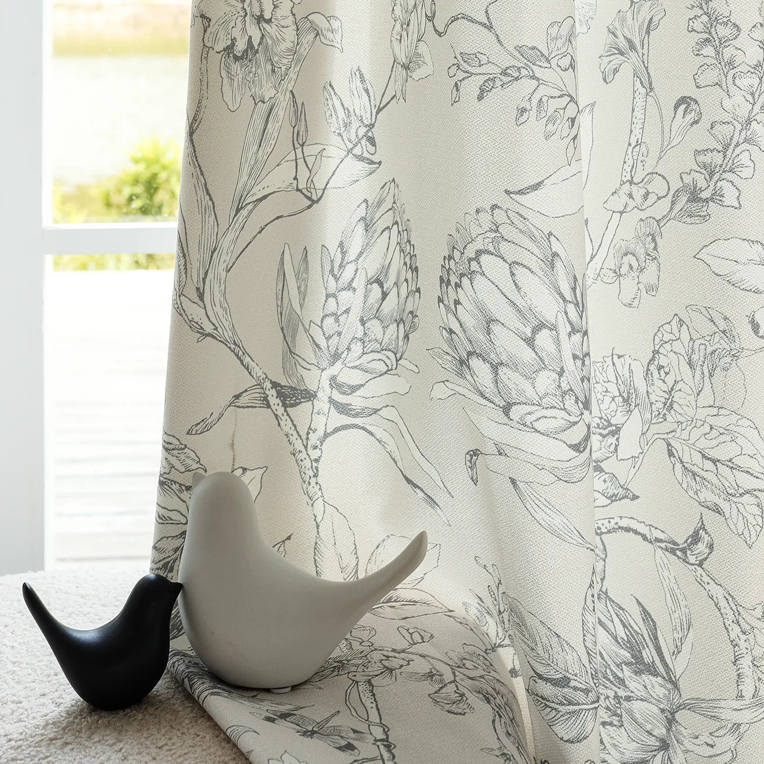 Zoe Cloud Gray Botanical Floral Chenille Drapes