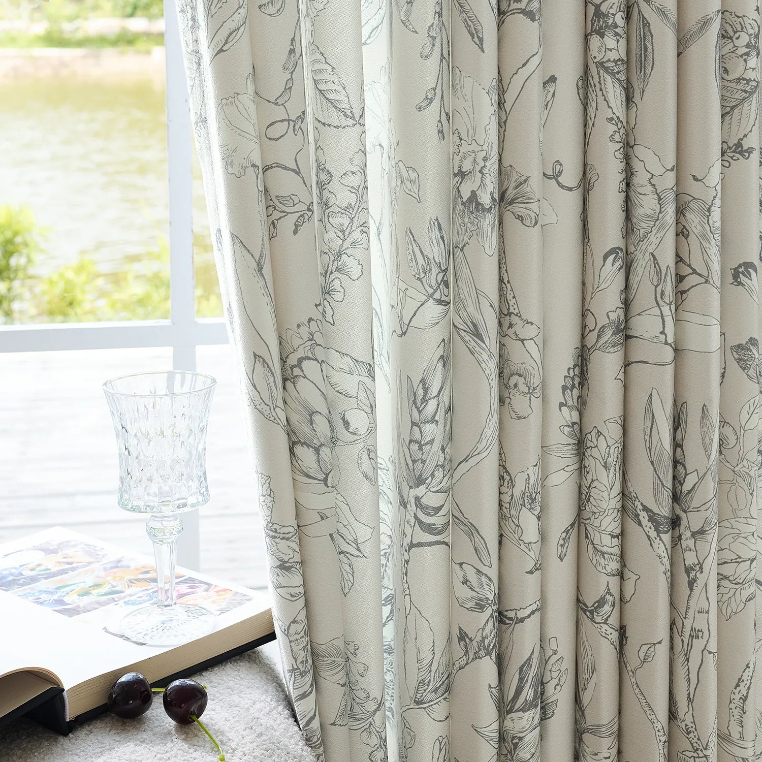 Zoe Cloud Gray Botanical Floral Chenille Drapes