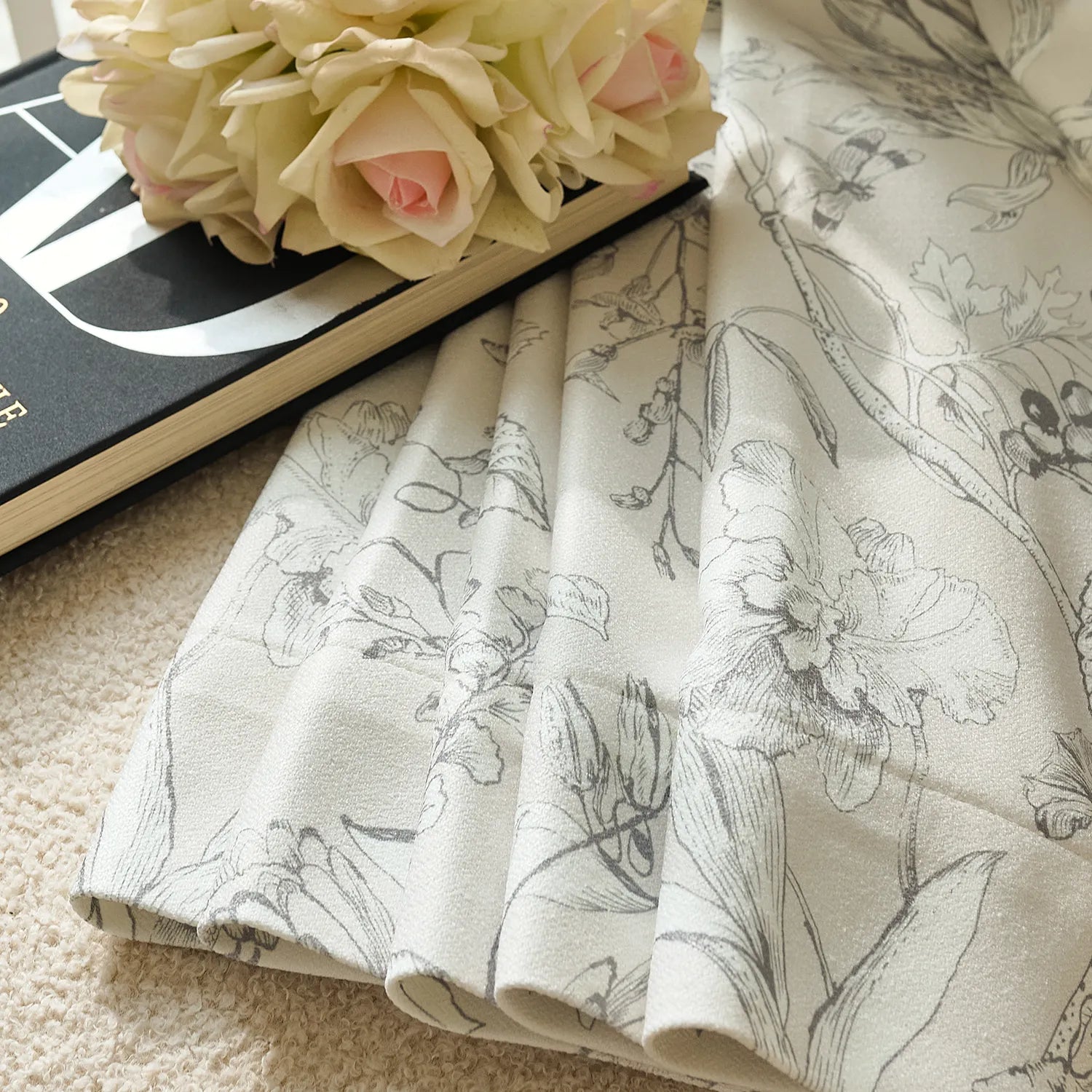 Zoe Cloud Gray Botanical Floral Chenille Drapes