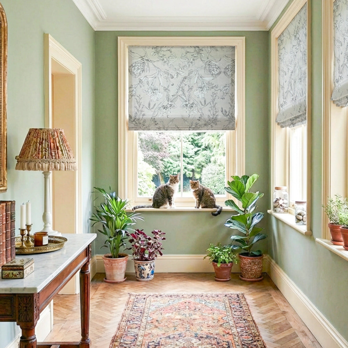 Zoe Cloud Gray Botanical Floral Chenille Roman Shades: Image scene_1 showcases the roman shade with soft cloud gray botanical floral patterns, cozy chenille fabric and elegant home scene coordination.