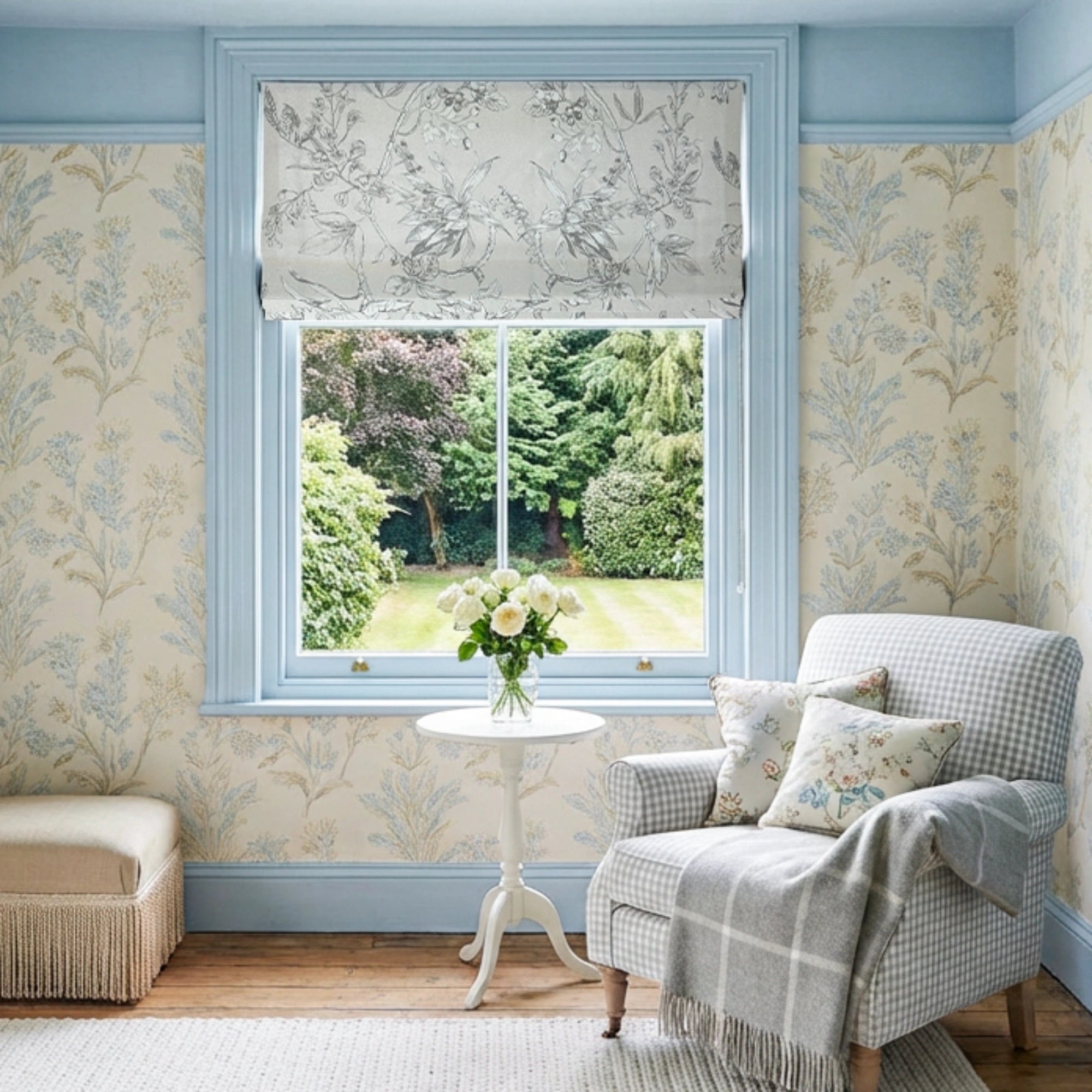 Zoe Cloud Gray Botanical Floral Chenille Roman Shades: Image scene_2 showcases the roman shade with soft cloud gray botanical floral patterns, cozy chenille fabric and elegant home scene coordination.