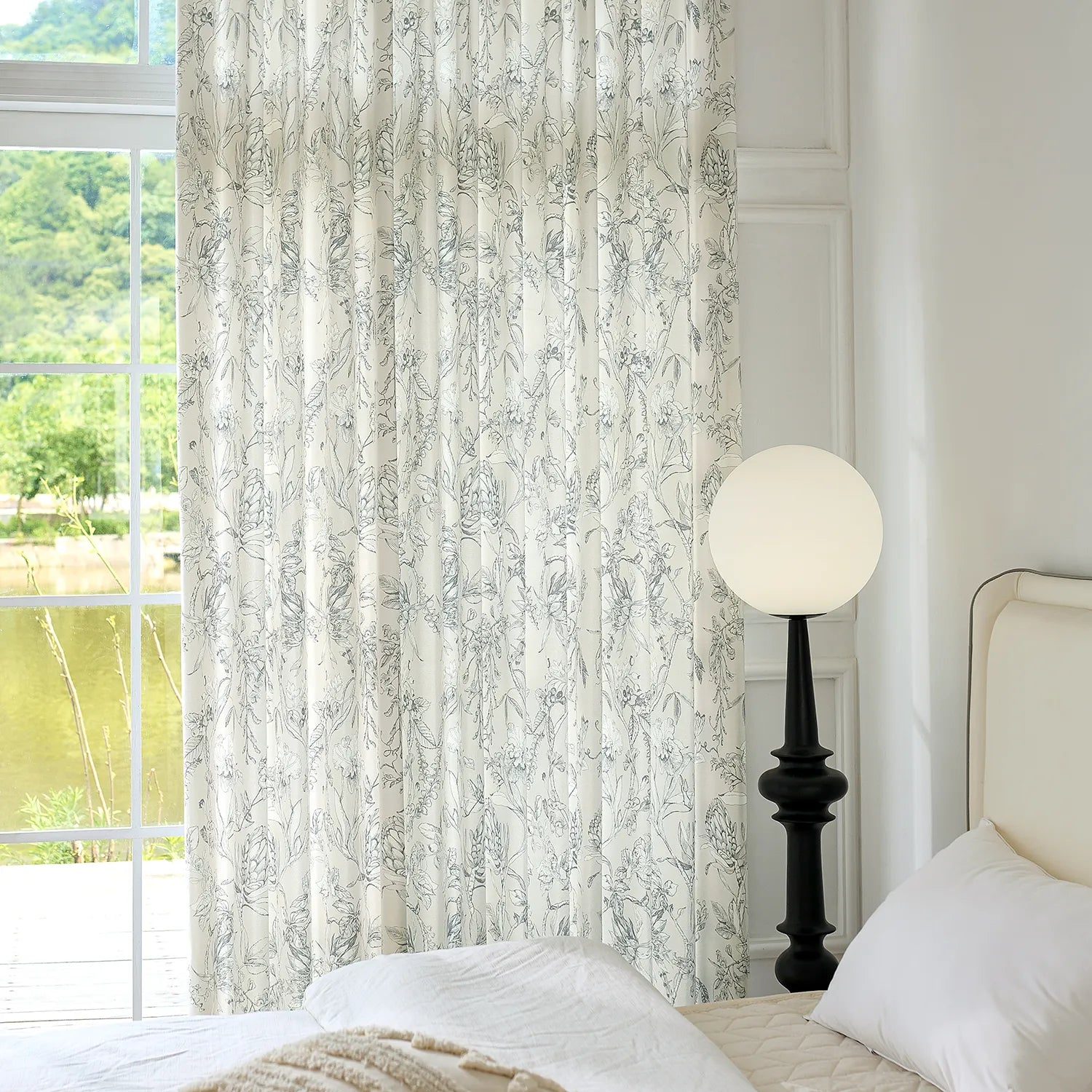 Zoe Cloud Gray Botanical Floral Chenille Drapes