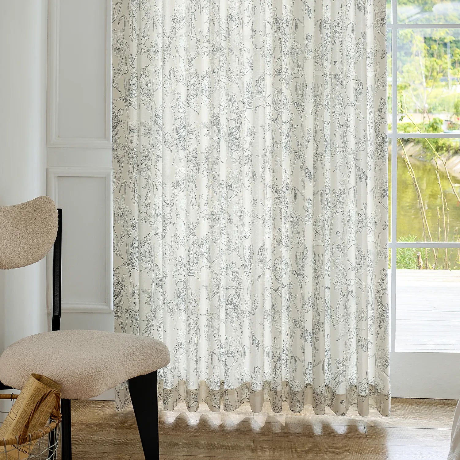 Zoe Cloud Gray Botanical Floral Chenille Drapes