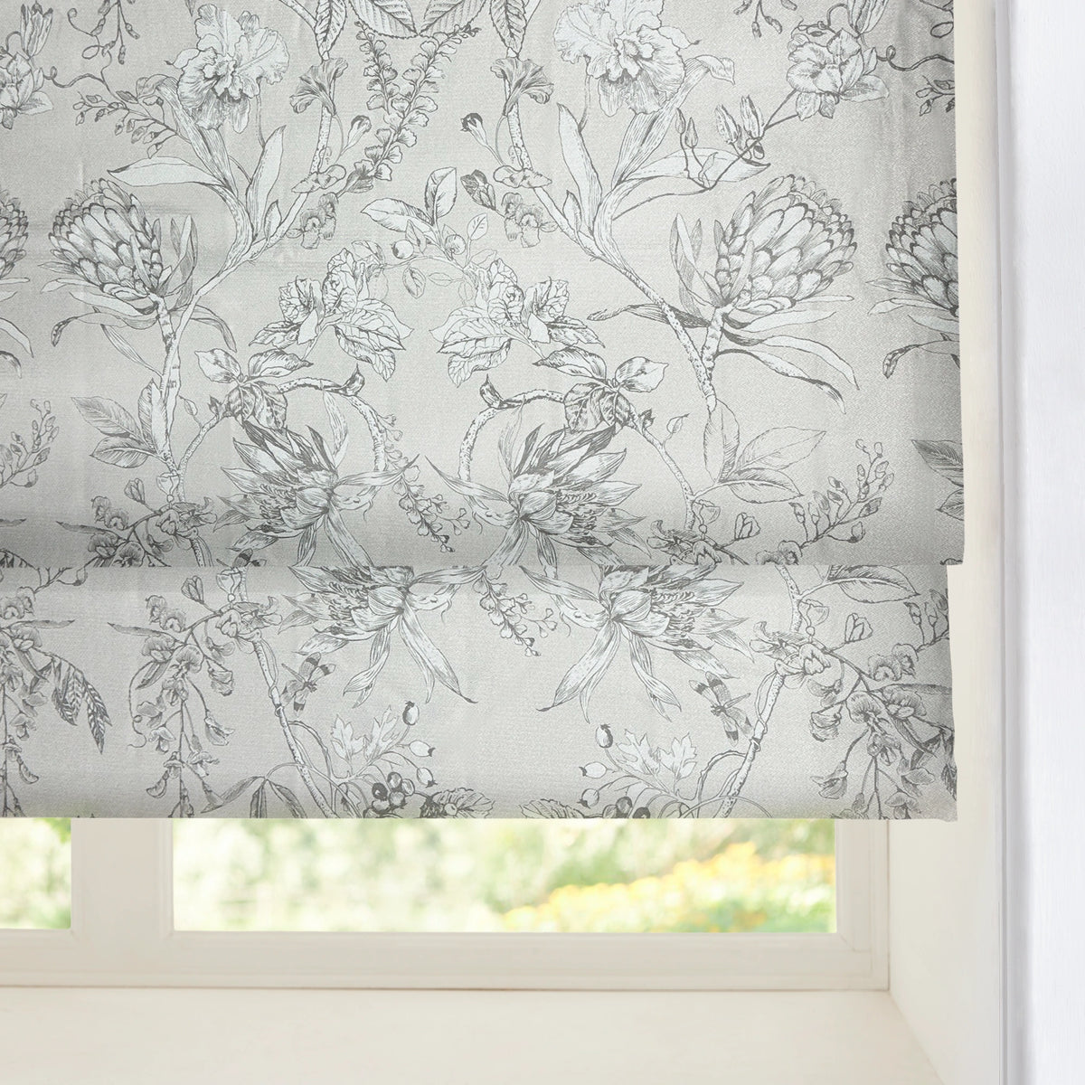 Zoe Cloud Gray Botanical Floral Chenille Roman Shades: Image scene_4 showcases the roman shade with soft cloud gray botanical floral patterns, cozy chenille fabric and elegant home scene coordination.