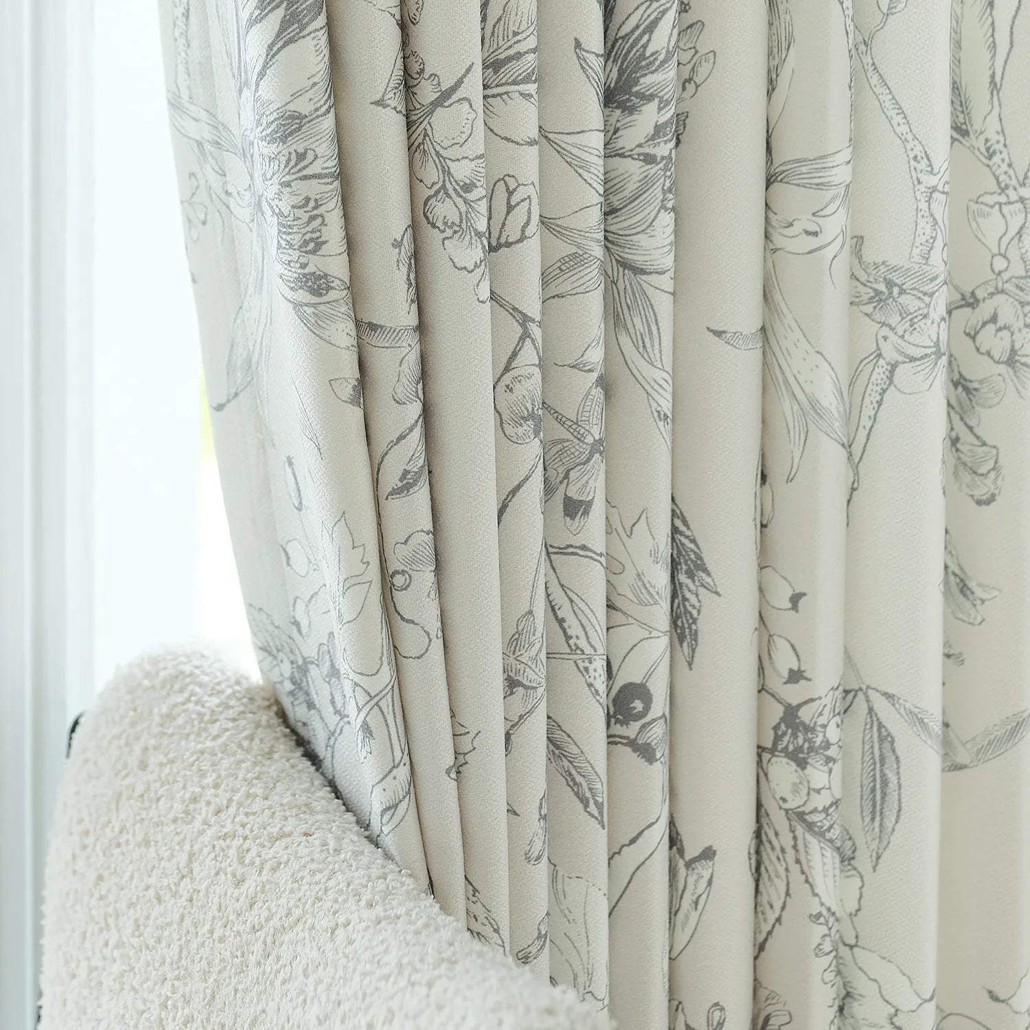 Zoe Cloud Gray Botanical Floral Chenille Drapes