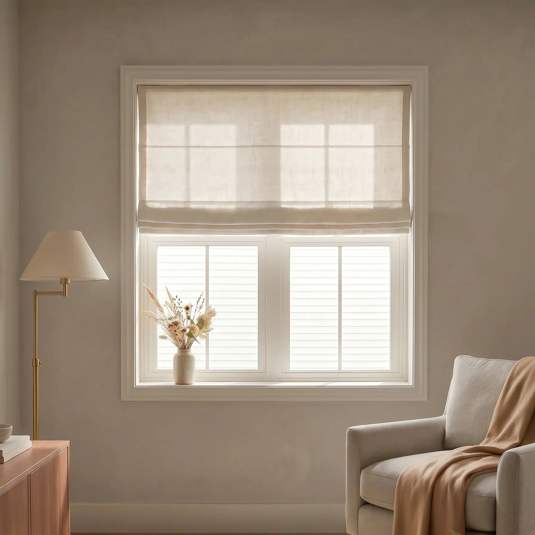 Translation missing: en.Living room with a window featuring blinds, a lamp, and a sofa