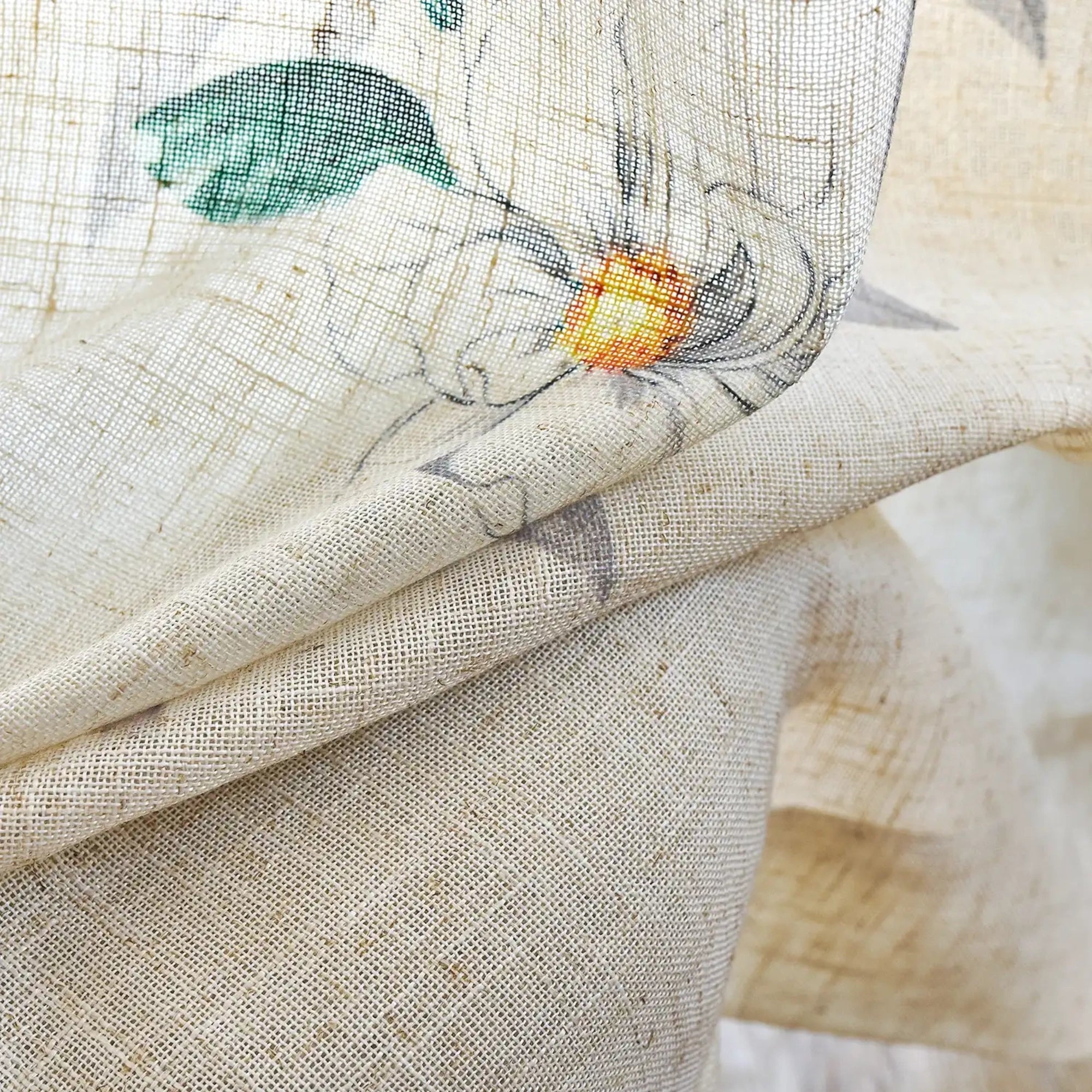 Isolde Butterfly & Botanical Linen Sheer Roman Shade: Image H-003_detail_3 highlights the delicate butterfly & botanical details, lightweight linen sheer fabric and exquisite craftsmanship of the roman shade.