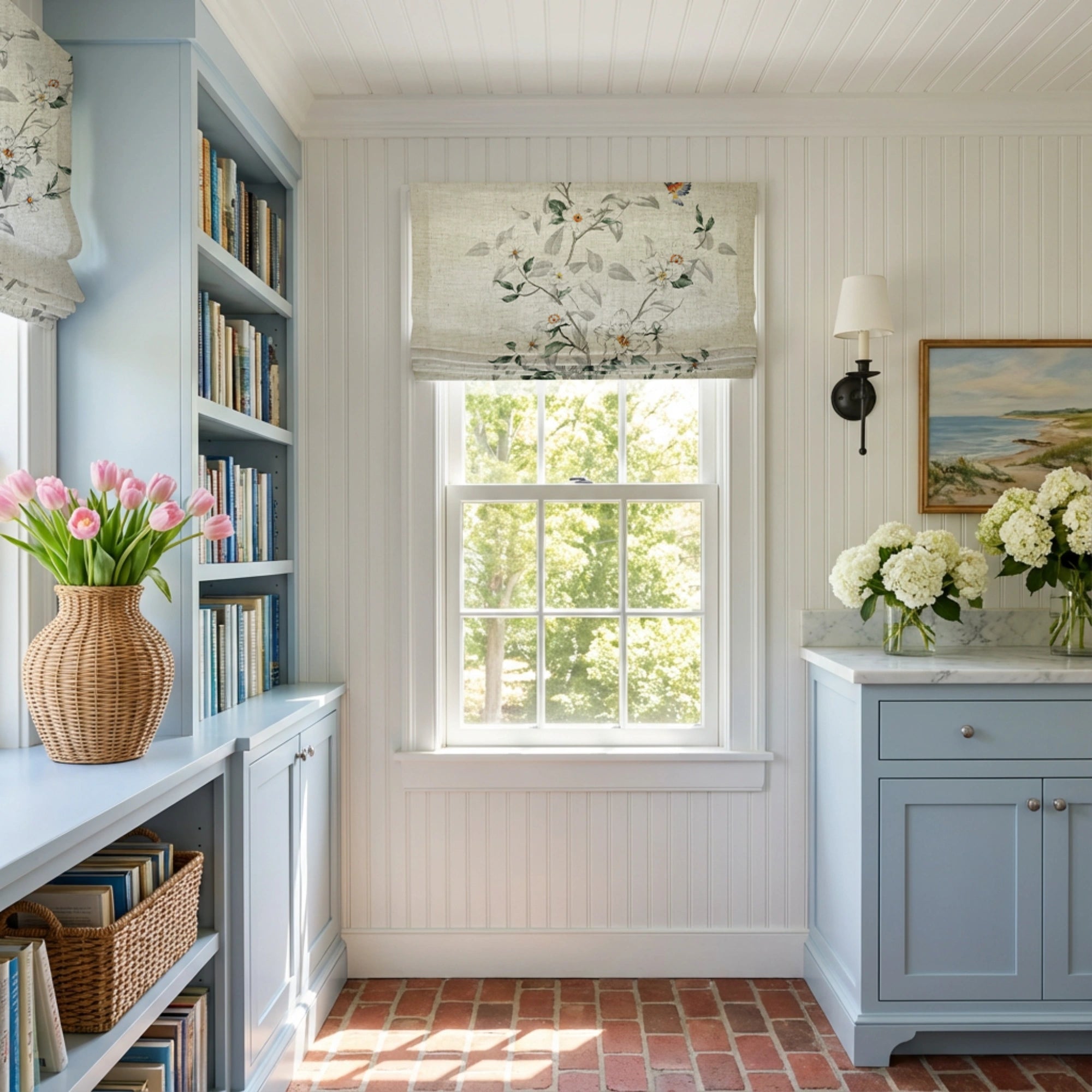 Isolde Butterfly & Botanical Linen Sheer Roman Shade: Image H-003_scene_1 showcases the roman shade with delicate butterfly & botanical print, breathable linen sheer fabric and elegant home scene display.