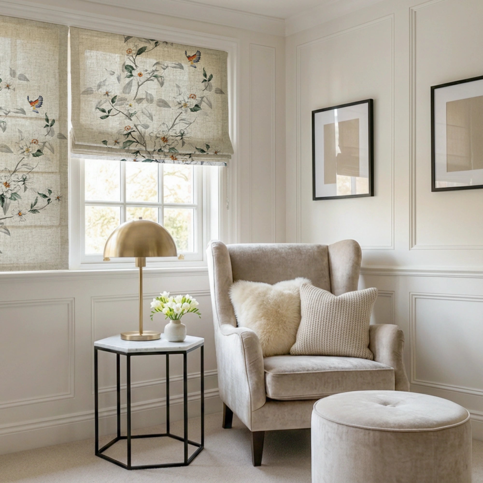 Isolde Butterfly & Botanical Linen Sheer Roman Shade: Image H-003_scene_2 showcases the roman shade with delicate butterfly & botanical print, breathable linen sheer fabric and elegant home scene display.