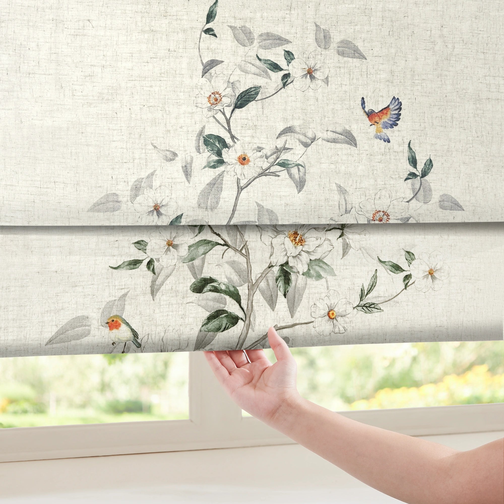 Isolde Butterfly & Botanical Linen Sheer Roman Shade: Image H-003_scene_3 showcases the roman shade with delicate butterfly & botanical print, breathable linen sheer fabric and elegant home scene display.