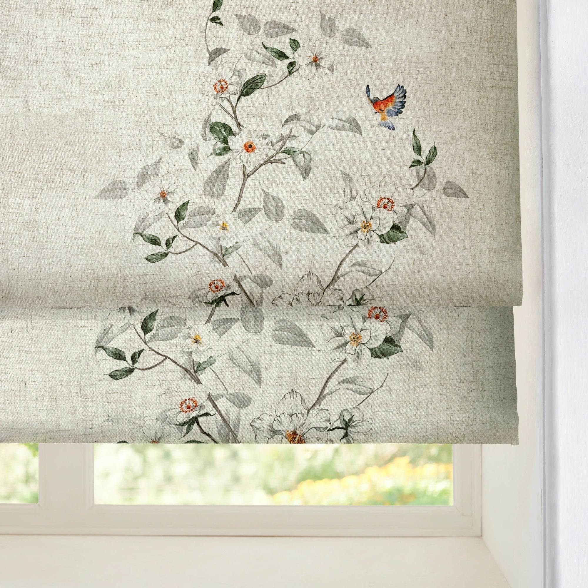 Isolde Butterfly & Botanical Linen Sheer Roman Shade: Image H-003_scene_4 showcases the roman shade with delicate butterfly & botanical print, breathable linen sheer fabric and elegant home scene display.