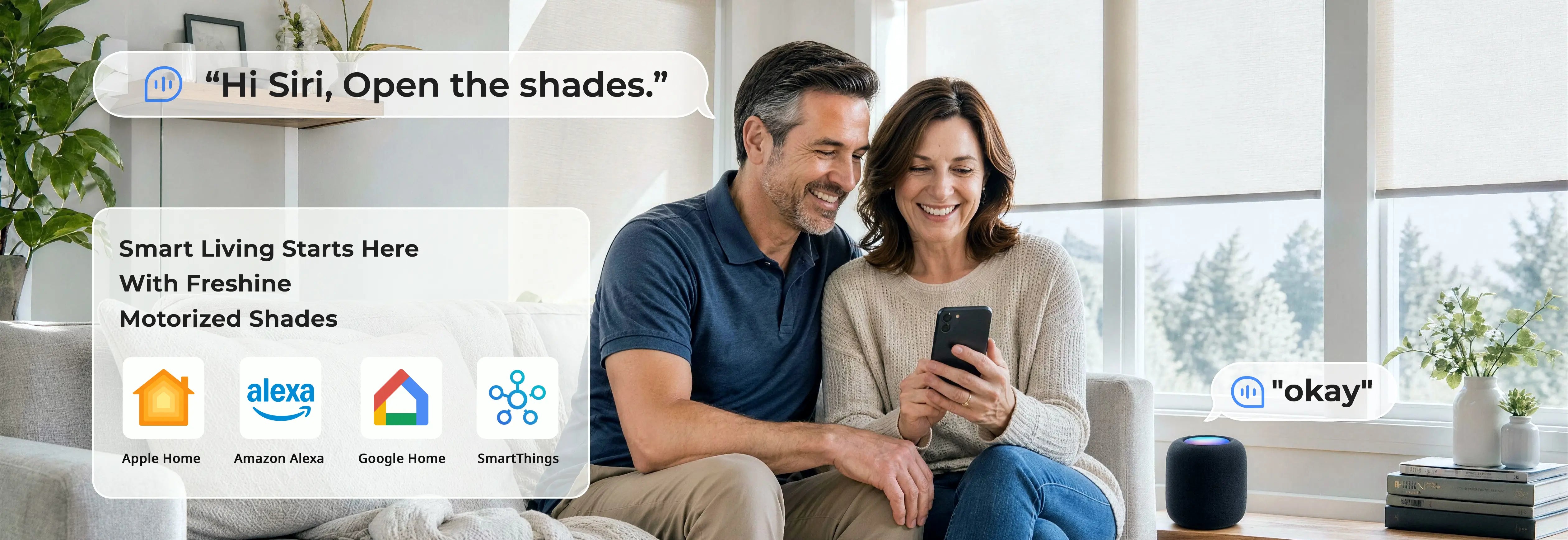 Couple using a smartphone with smart home technology in a living room.