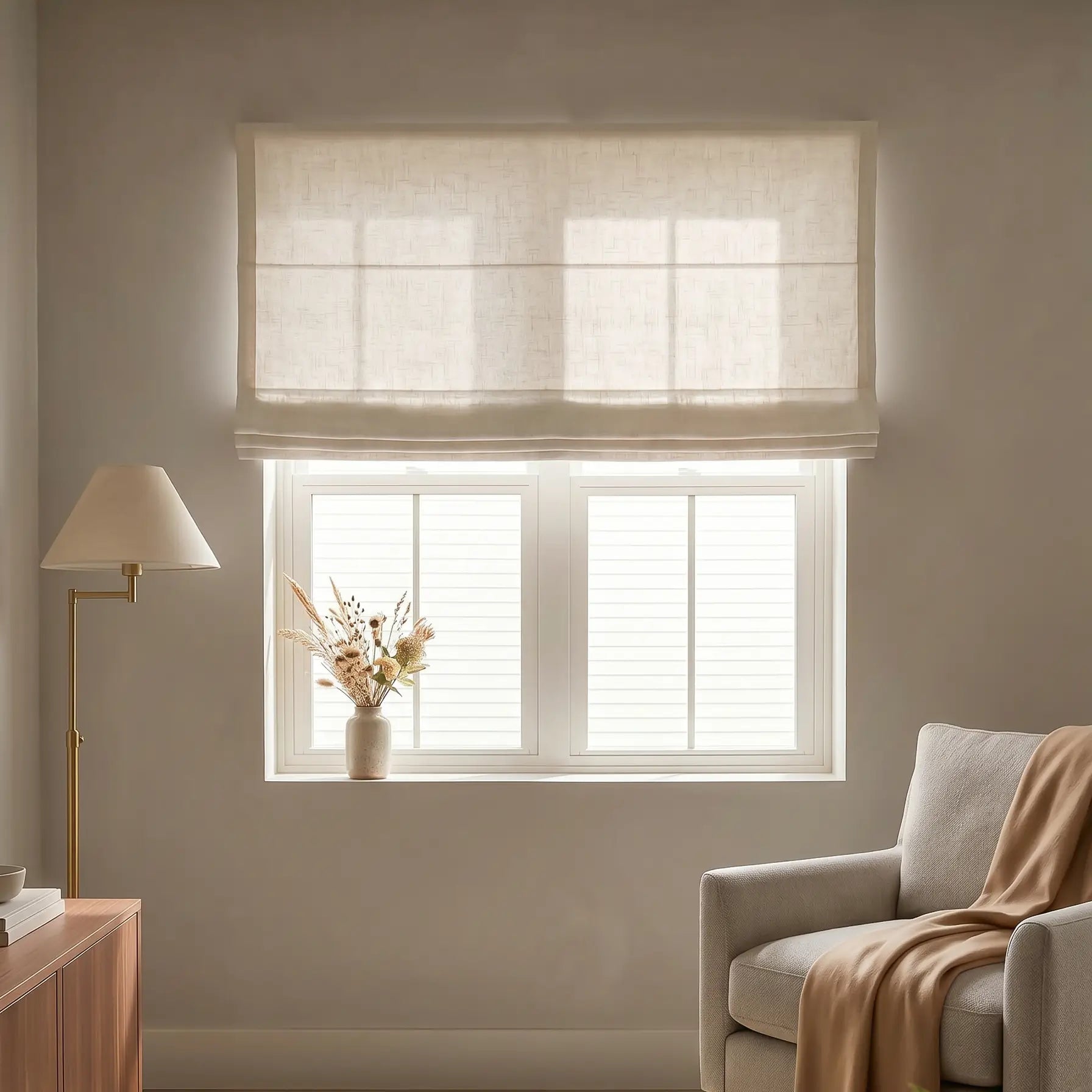 Translation missing: en.Living room with a window featuring a Roman blind, a lamp, and a sofa